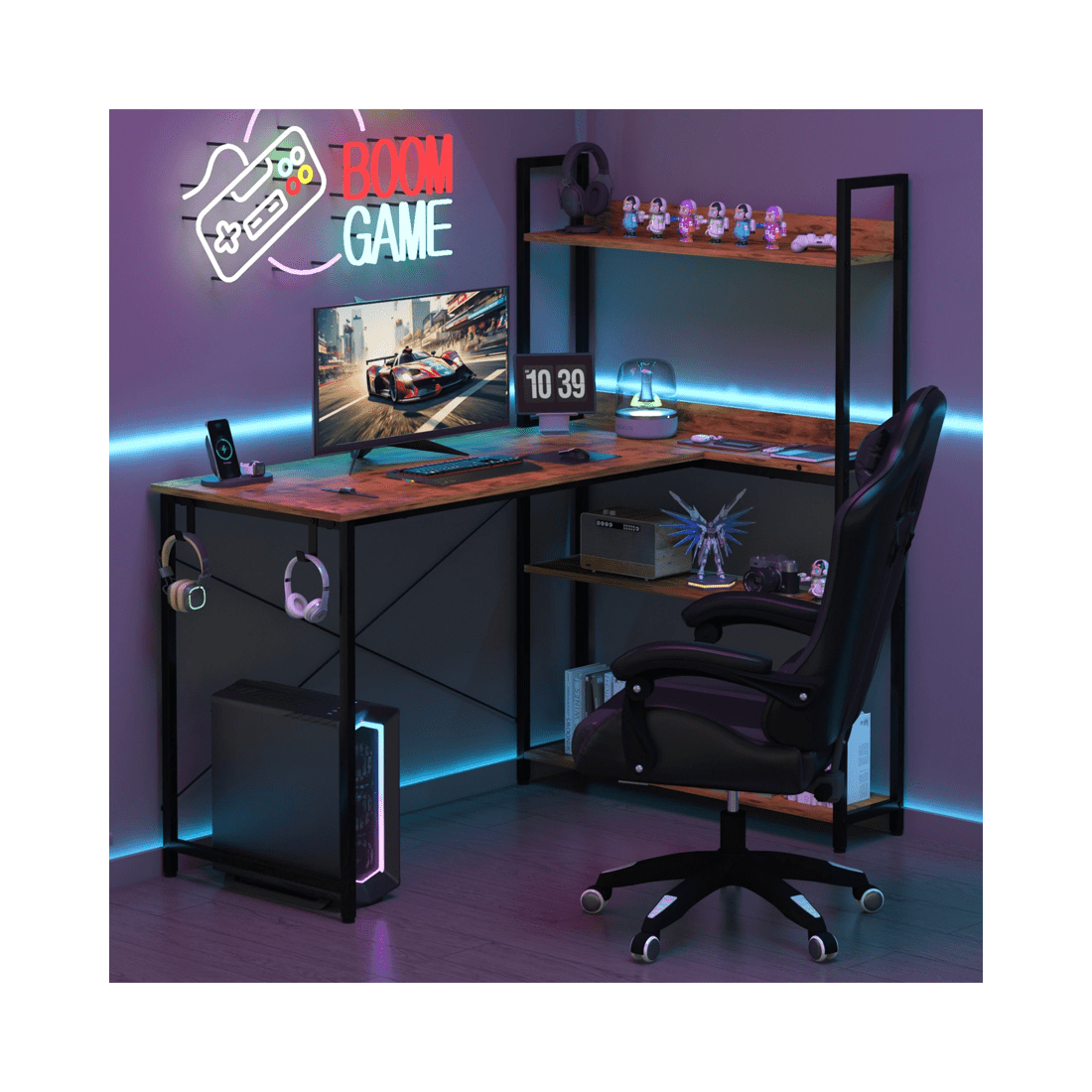 9 Advwin 120cm L Shaped Computer Desk With Reversible Storage Shelves Corner Desk  Walnut, 9 of 9