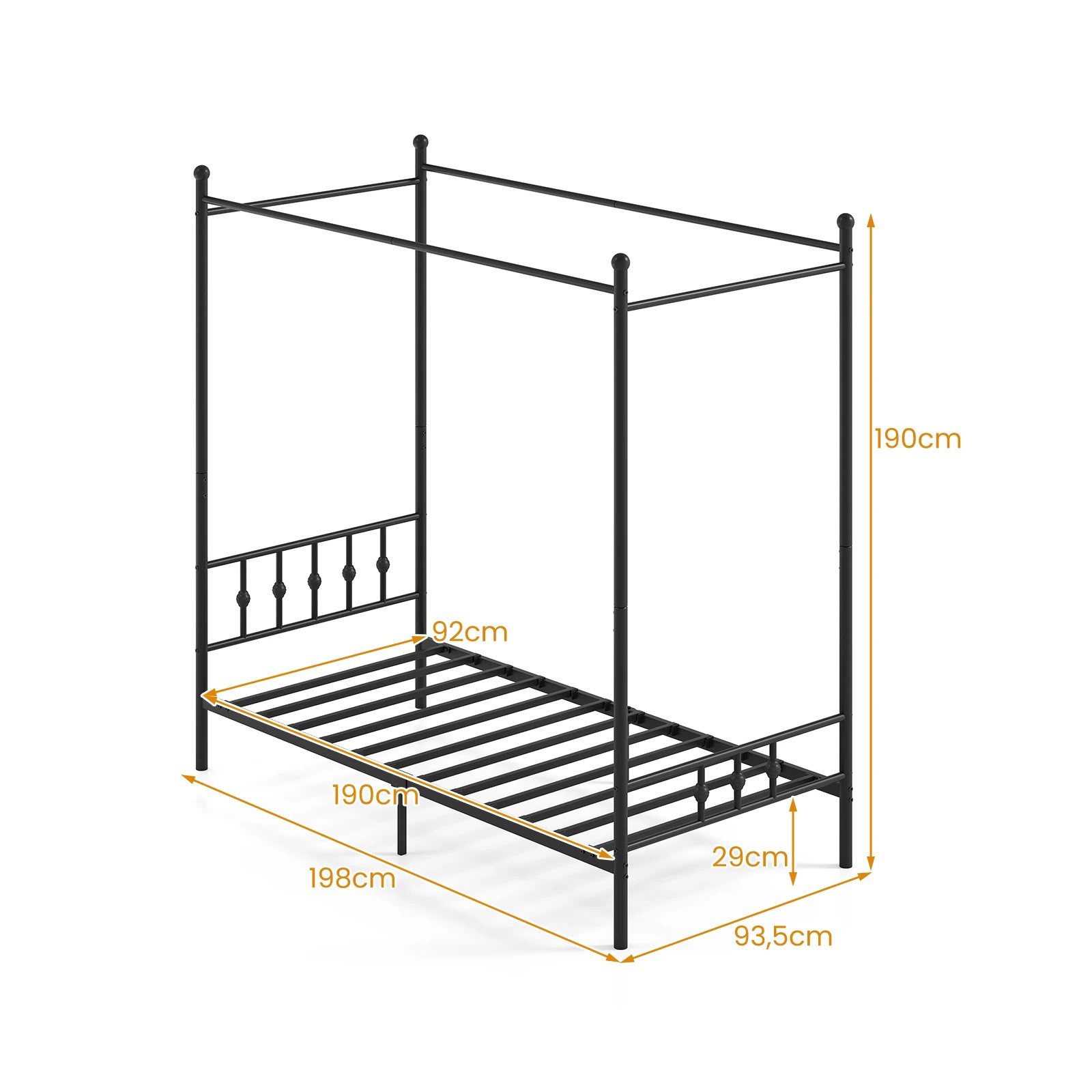4 Costway Single Size Canopy Bed Frame 4-Poster Metal Platform Bed Mattress Foundation Under-bed Storage - Black, 4 of 5