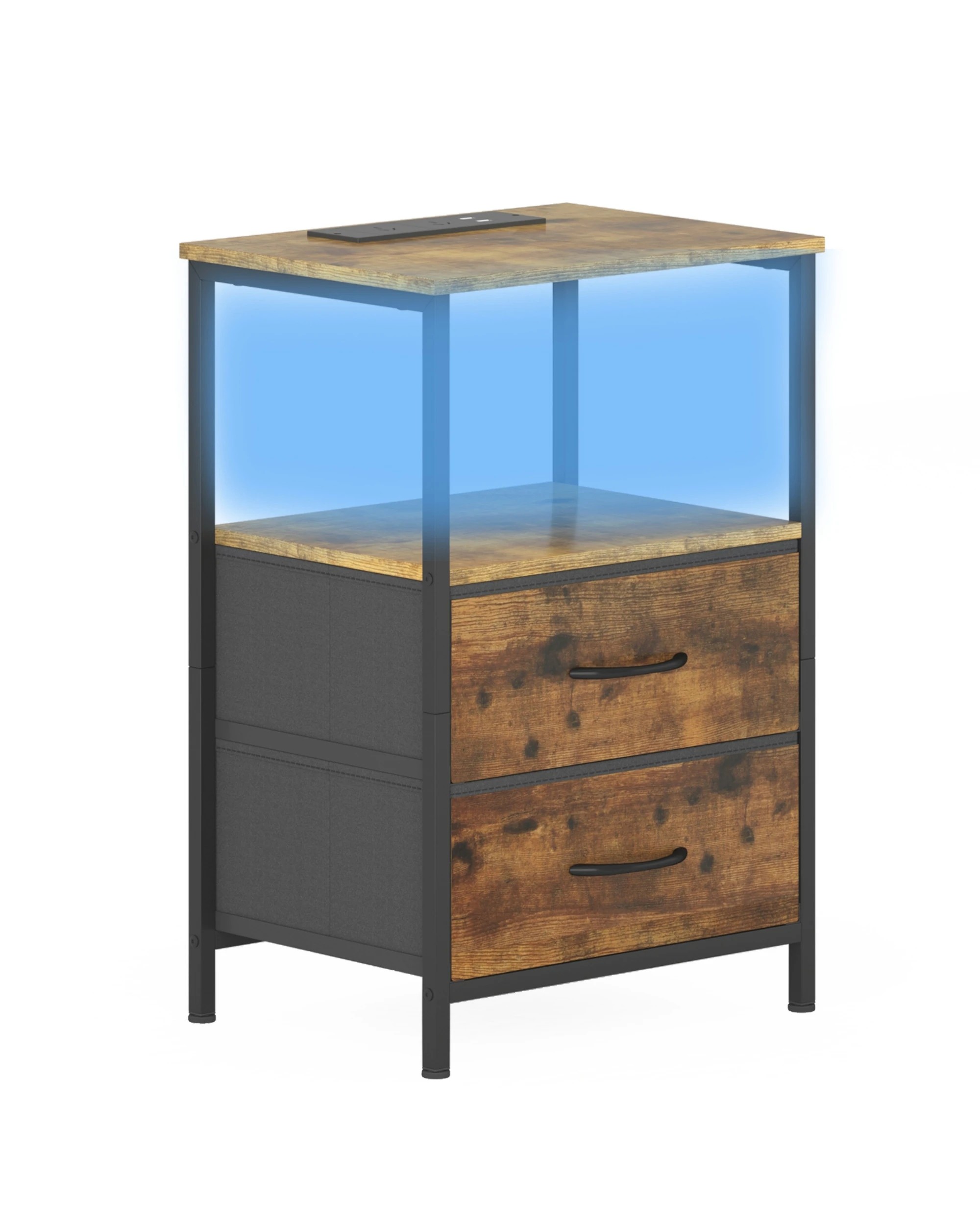 1 Advwin Led Bedside Table With Charging Station 2 Fabric Drawers Nightstand - Brown, 1 of 7