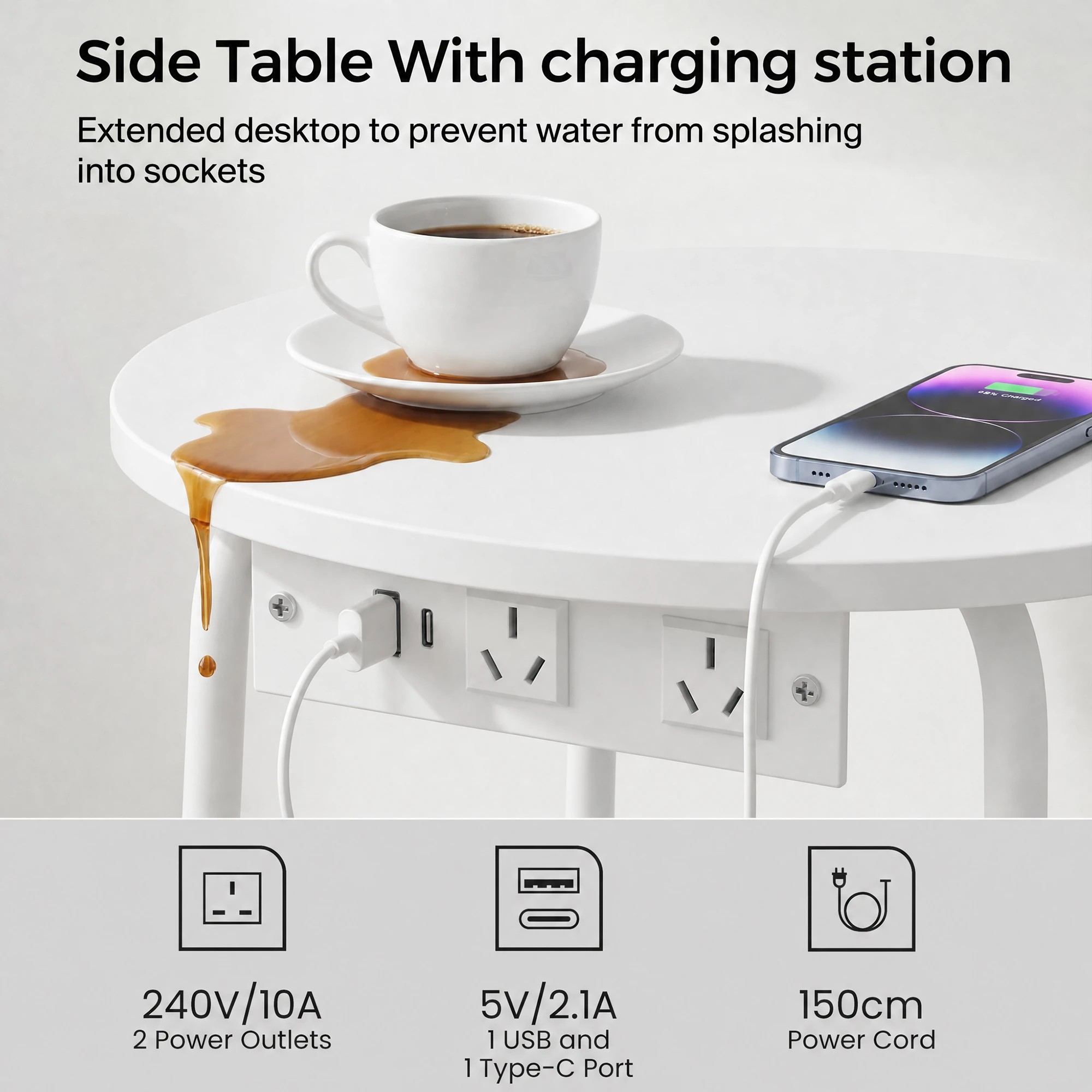 6 Advwin Small Round Side Table with Charging Station Nightstand with Fabric Basket - White, 6 of 8