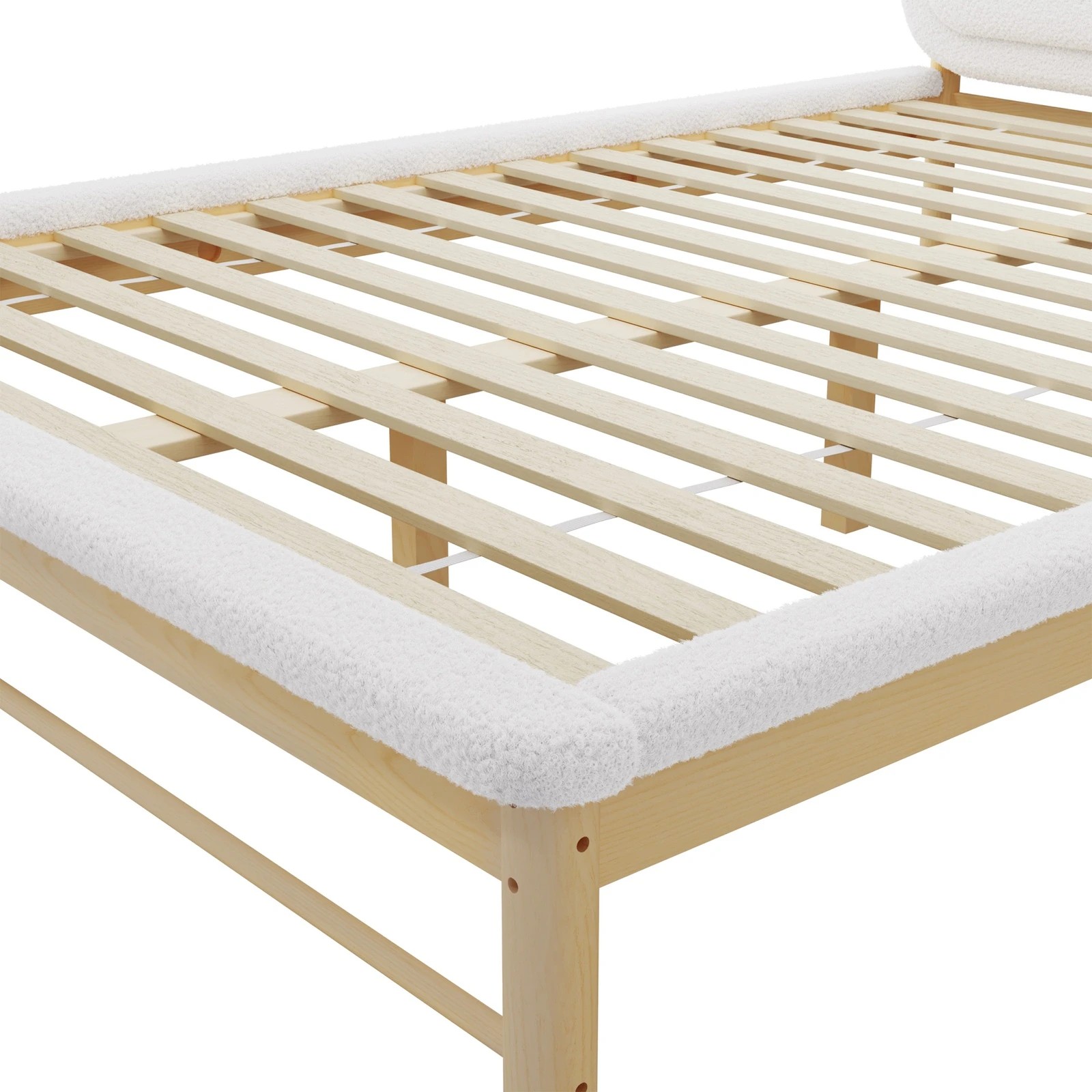 9 Oikiture Wooden Pine Bed Frame with Boucle Upholstery Queen - Beige, 9 of 9