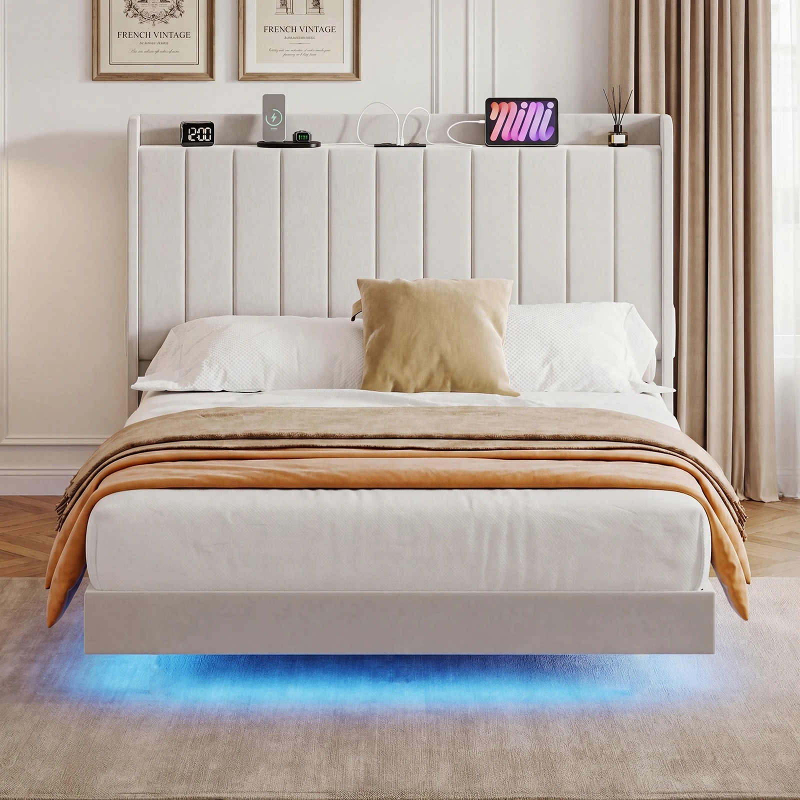 7 Advwin Queen Velvet Floating Bed Frame with RGB LED and Charging Station - Beige, 7 of 7