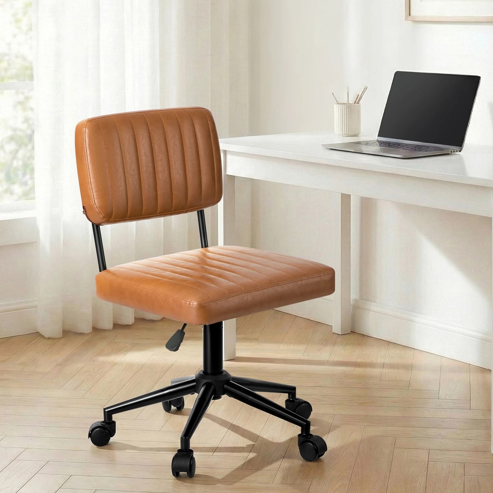 3 Oikiture Mid Back Armless Office Chair Swivel Computer Gaming Seat Leather - Brown, 3 of 7