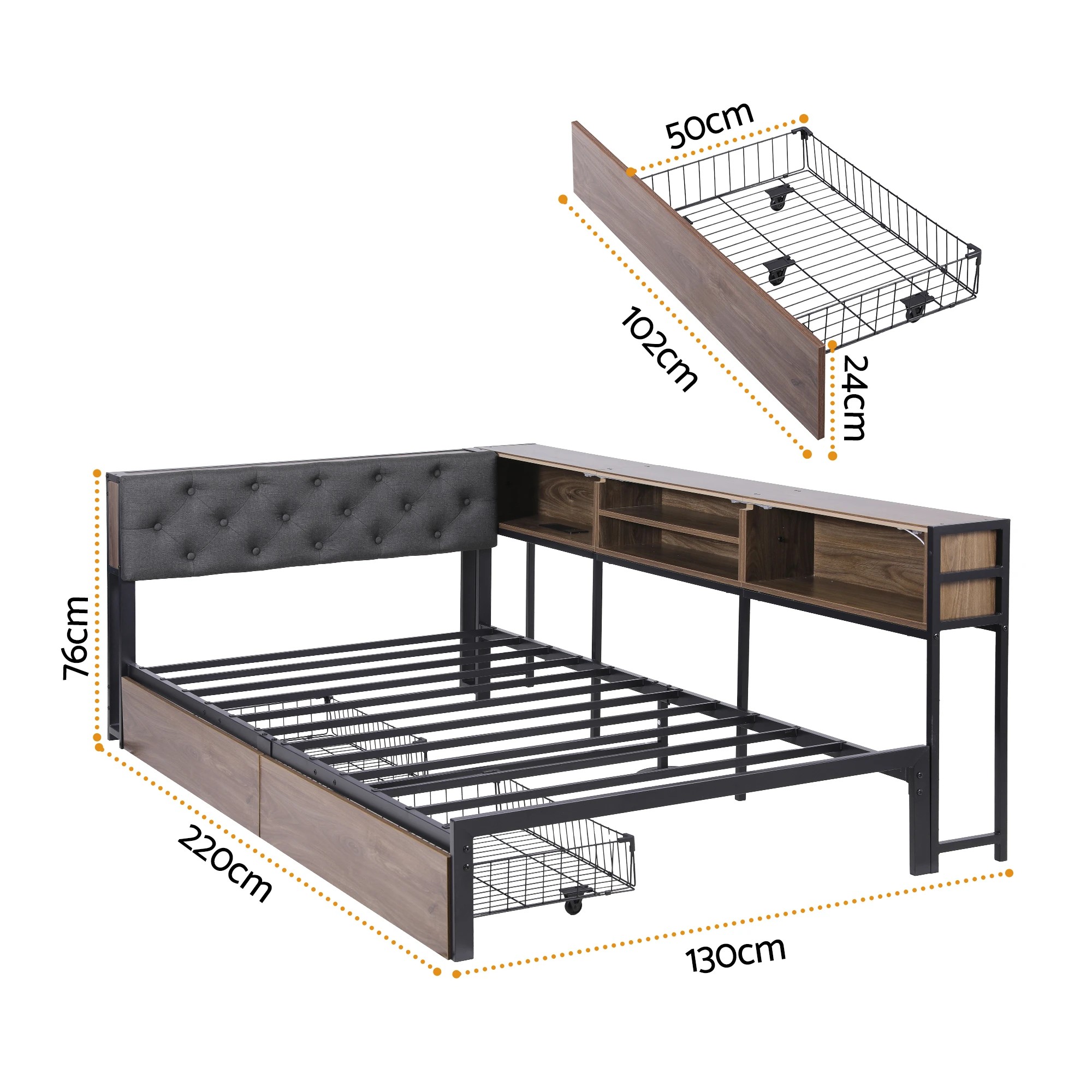 2 Artiss Bed Frame King Single Size with 2 Drawers and Charging Station Metal Corner - Multi, 2 of 9