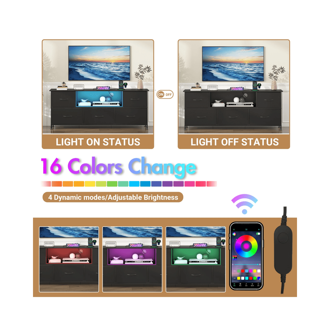 7 Advwin Tv Cabinet 140cm Led Entertainment Unit W/charging Station & Drawer Tv Stand Media Console Table Black, 7 of 10