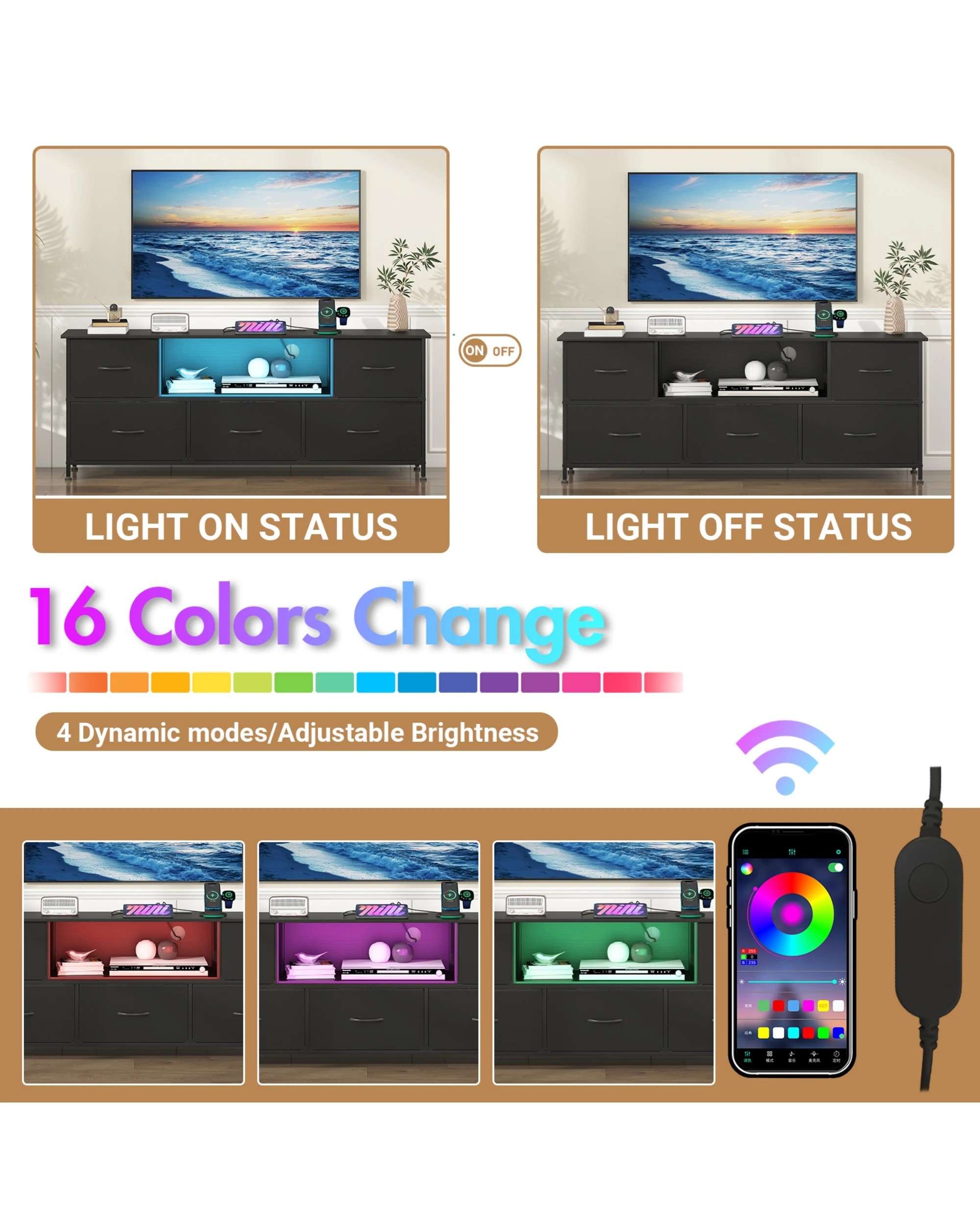 7 Advwin Tv Cabinet 140cm Led Entertainment Unit W/charging Station & Drawer Tv Stand Media Console Table Black, 7 of 10
