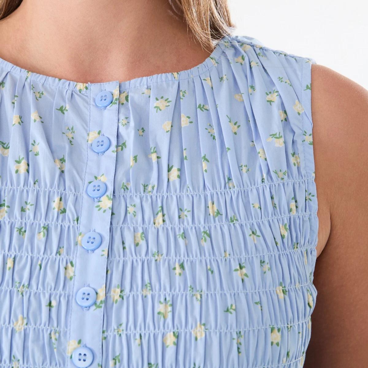 5 Sleeveless Shirred Button Through Top Blue Ditsy, 5 of 5