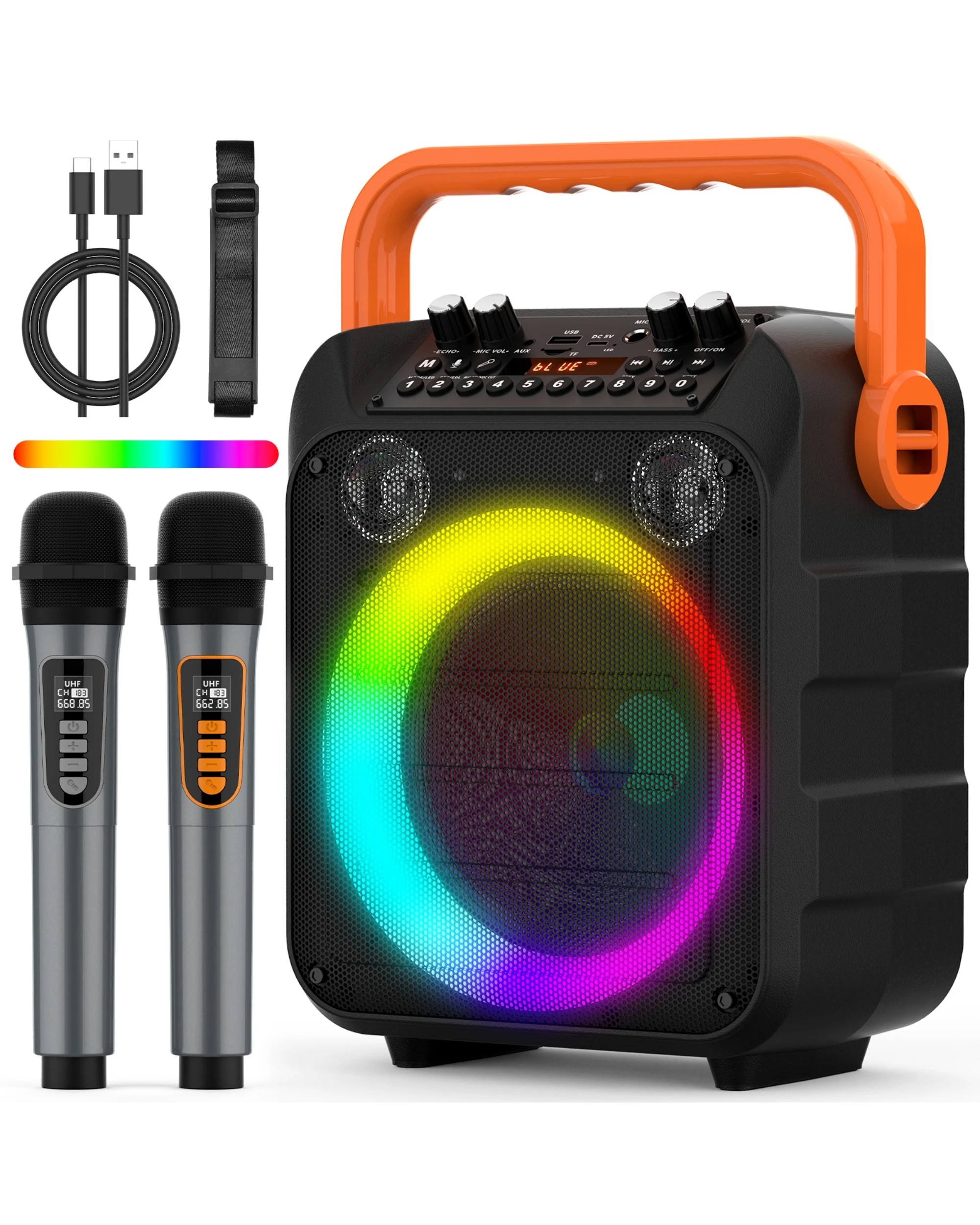 1 Advwin Karaoke Machine with 2 Wireless Microphones - Orange, 1 of 8