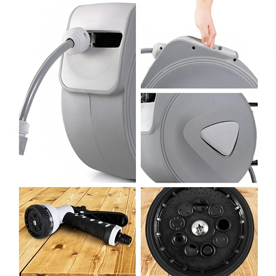 6 Green Fingers Water Hose Reel 30M Retractable Garden Auto Rewind Spray Gun - Grey, 6 of 7