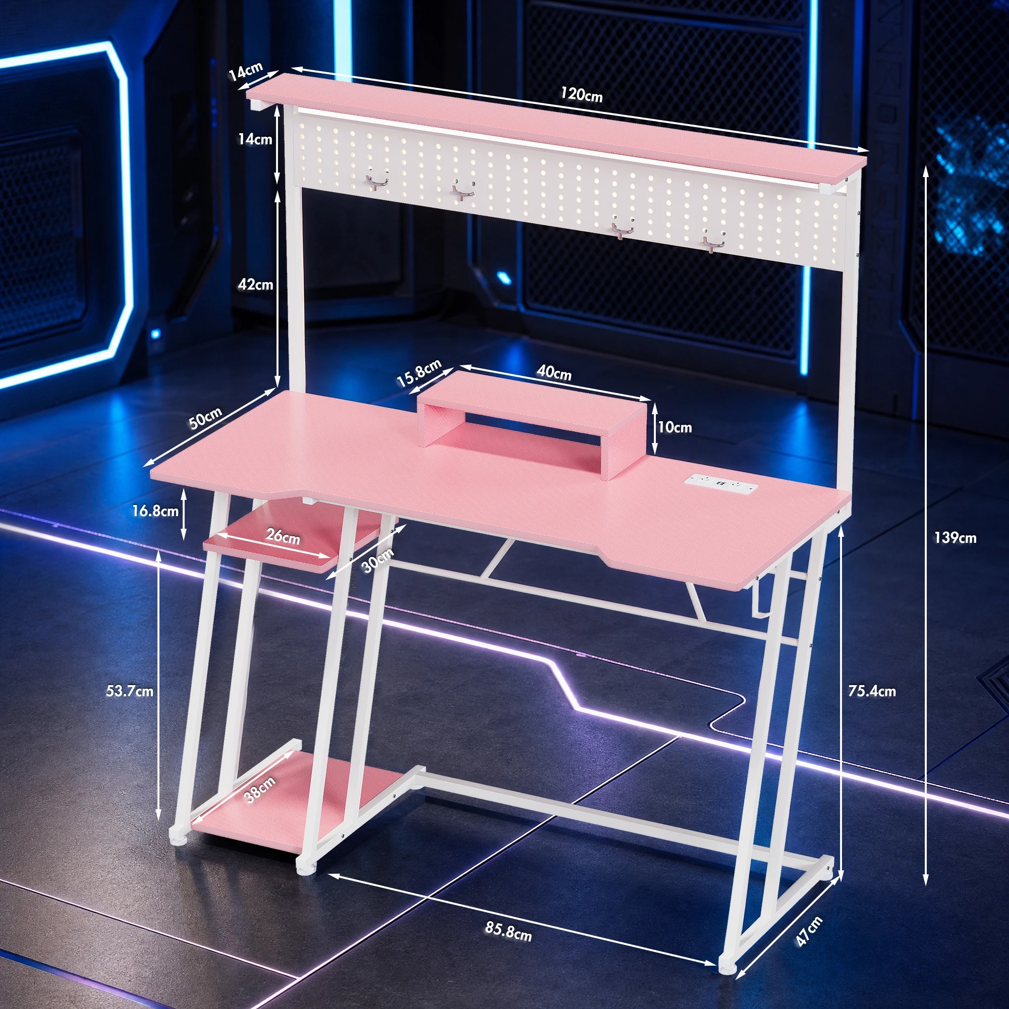 6 Advwin 120cm LED Gaming Desk w/ Power Outlets Reversible Carbon Fiber w/ Shelf hook & Pegboard - Pink, 6 of 8
