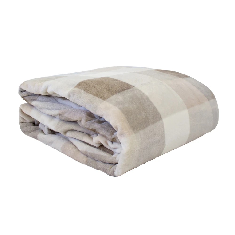 1 Bambury Charlie Ultraplush Polyester Flannel Fleece 280gsm Soft Checkered Blanket Nougat - King Bed - Natural, 1 of 3