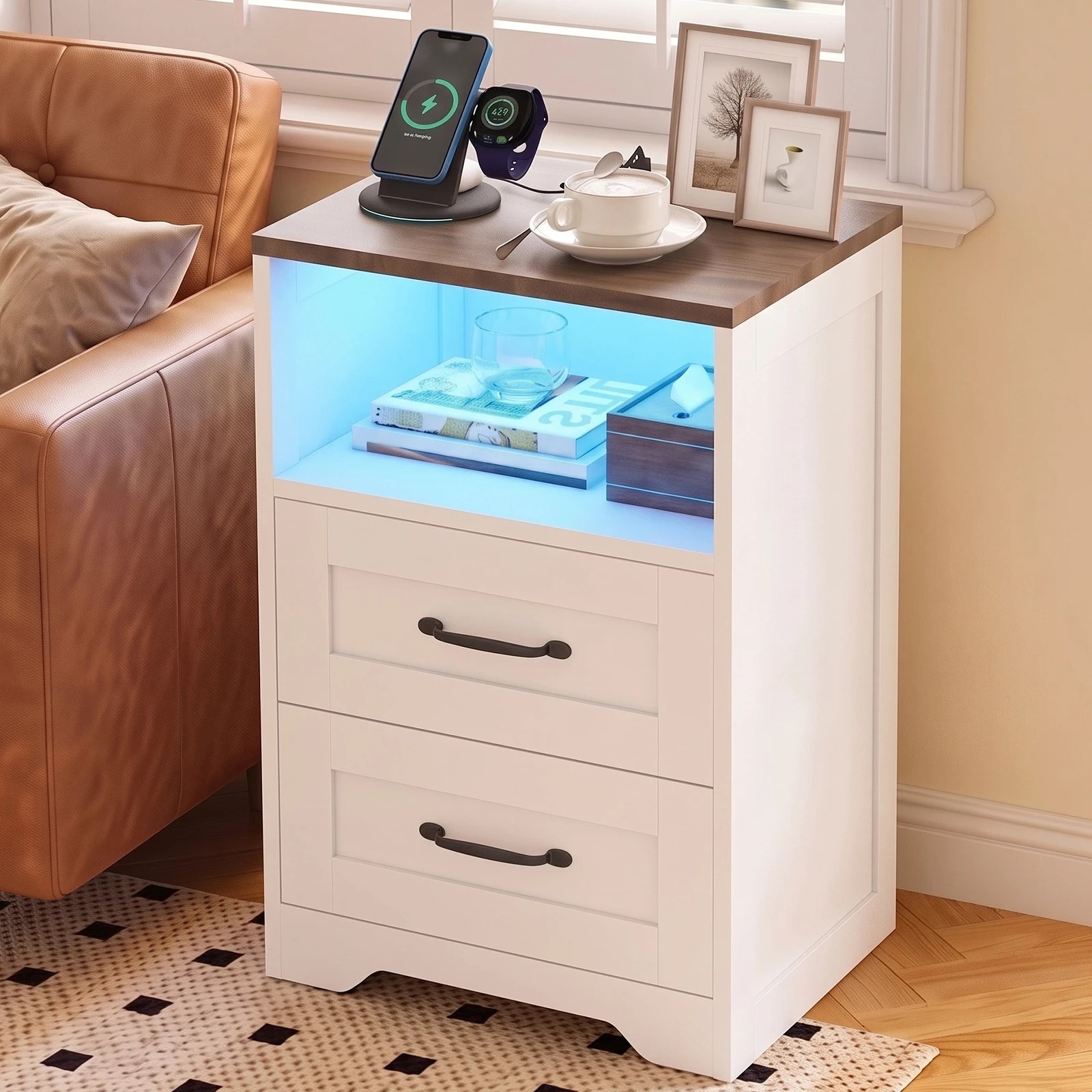 8 Advwin Farmhouse Bedside Table with 2 Drawers, Charging Station & LED Light - White, 8 of 8