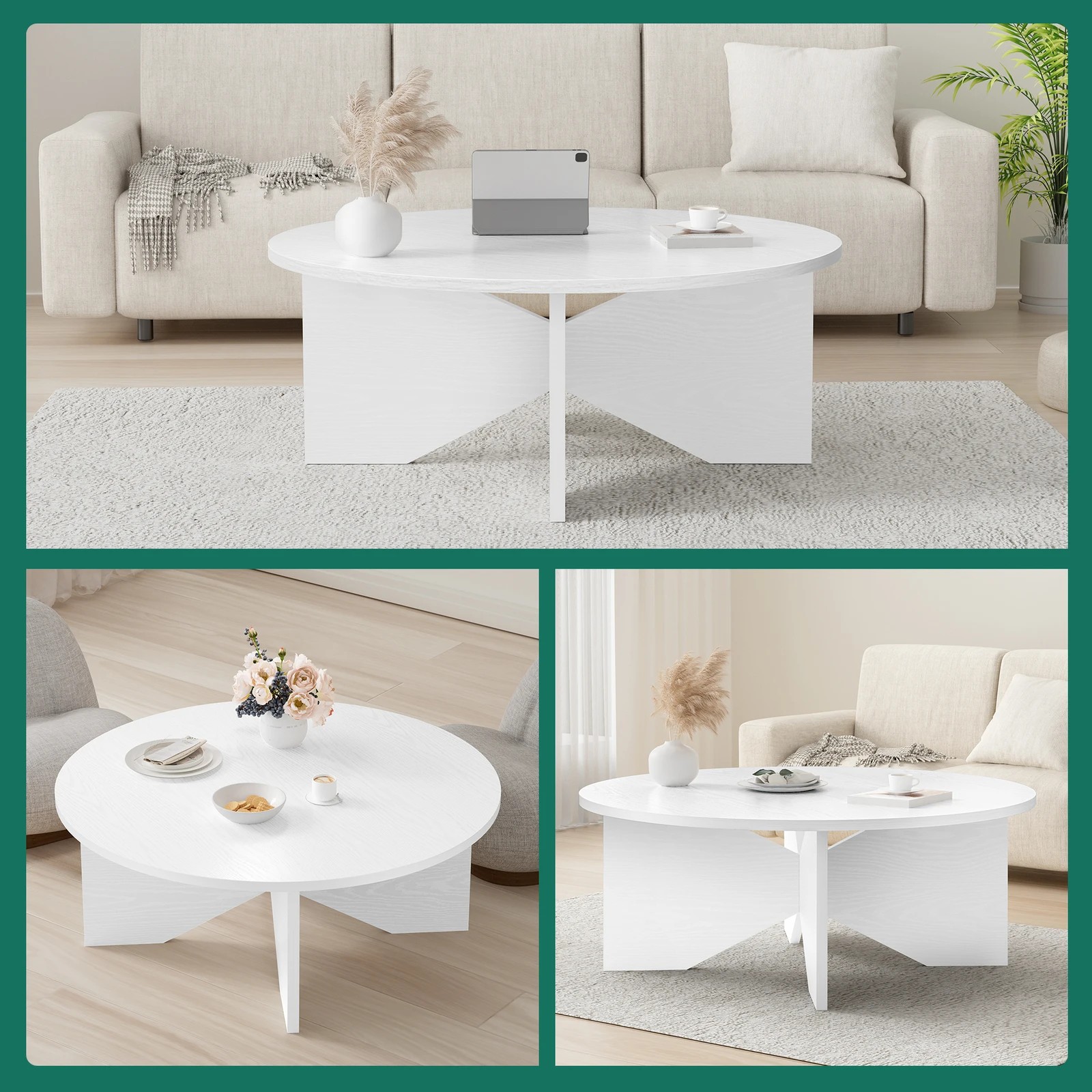 6 Alfordson Coffee Table Modern Round Table X-shape Wooden Legs Living Room - Oak, 6 of 10