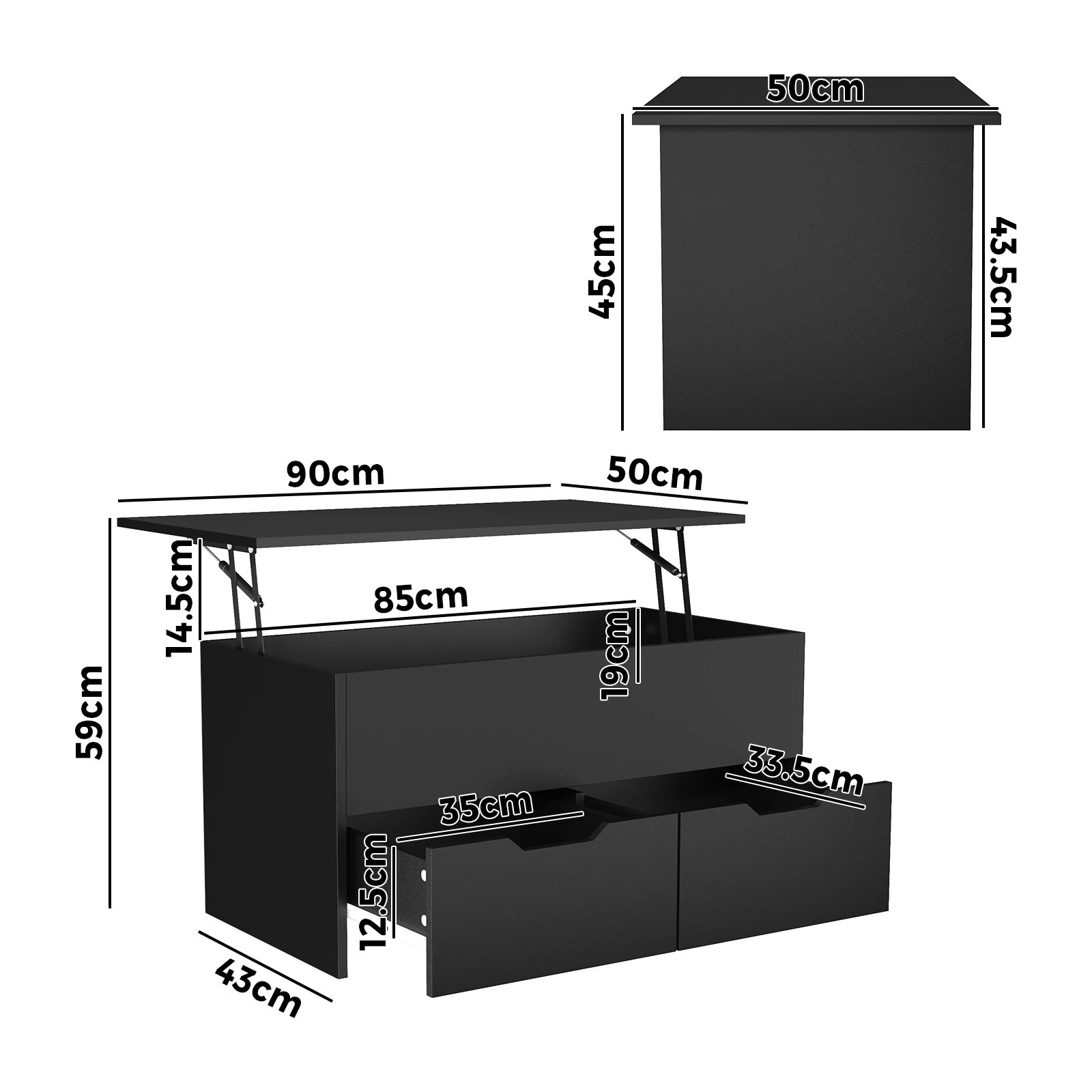 2 Oikiture Coffee Table Lift Up Top With Drawers Hidden Book Storage Black - Black, 2 of 7