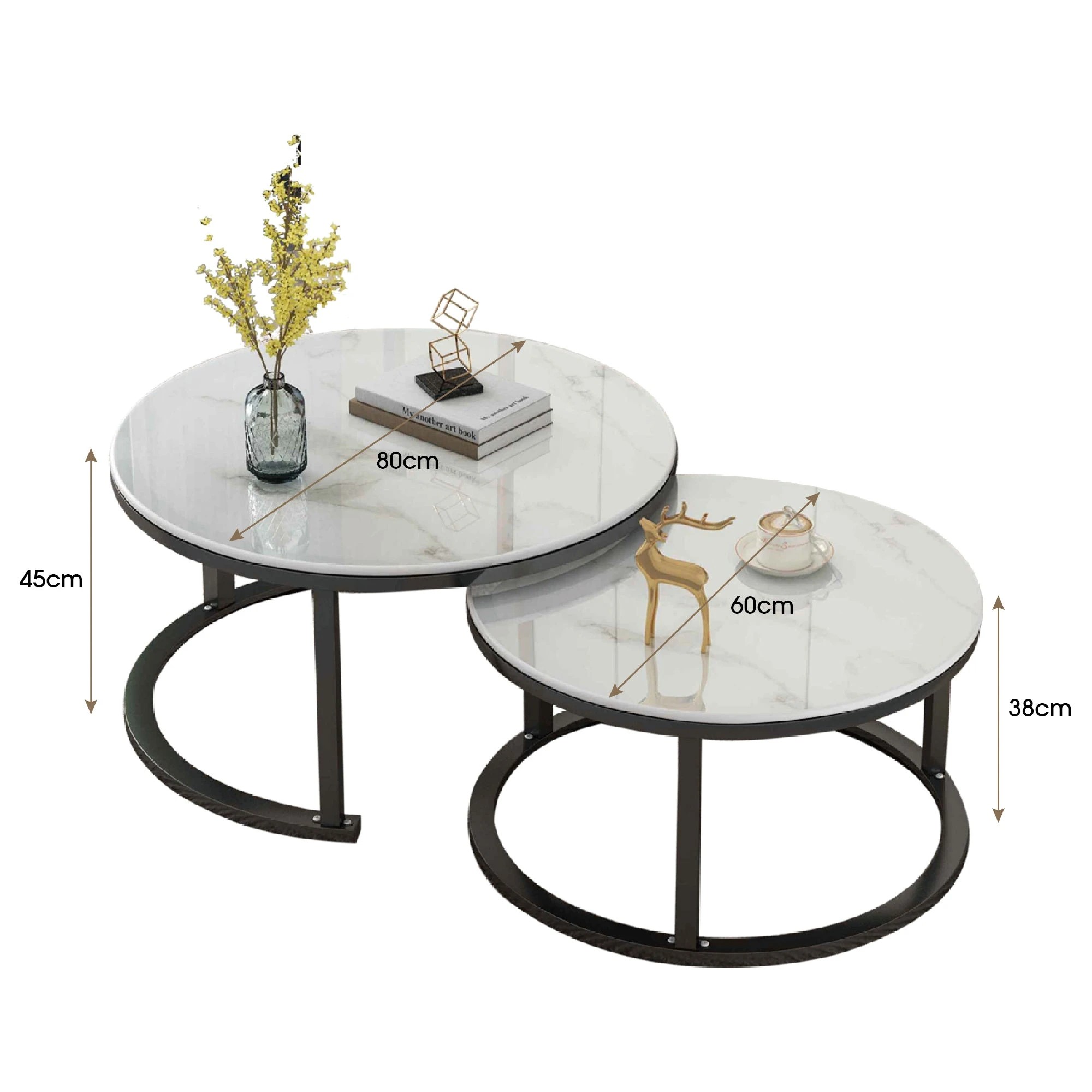 4 Foret Coffee Table 80cm Side Tables 2pc Set Tea Marble Look Tempered Glass Top, 4 of 9