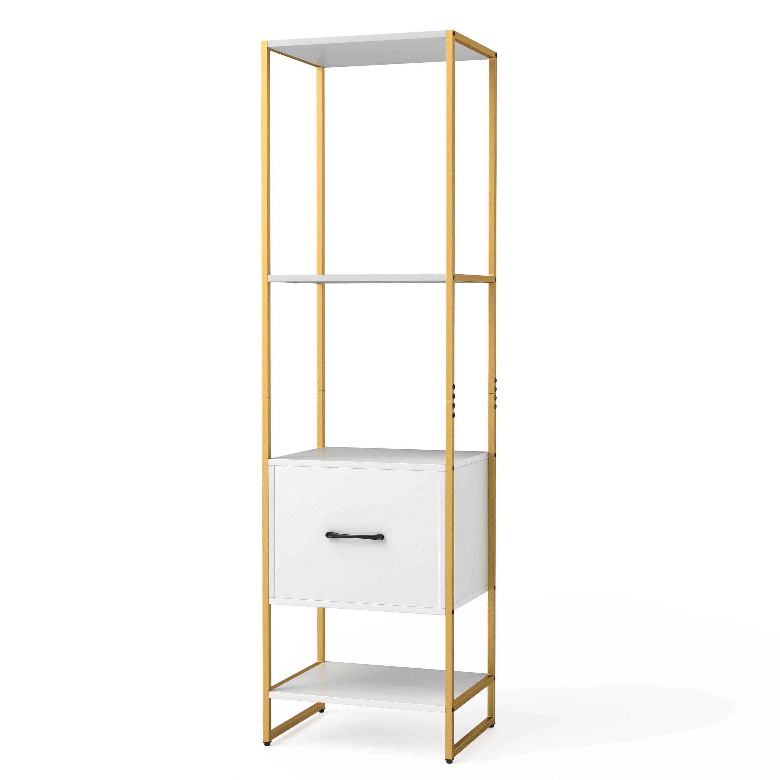 1 Costway 5-Tier Metal Frame Bookshelf Bookcase w/Drawer Tall Narrow Shelves Storage Organizer - White, 1 of 4
