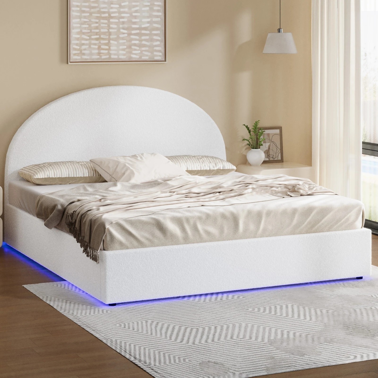 3 Oikiture Bed Frame King Size With Gas Lift Storage Base LED Lights Boucle - White, 3 of 8