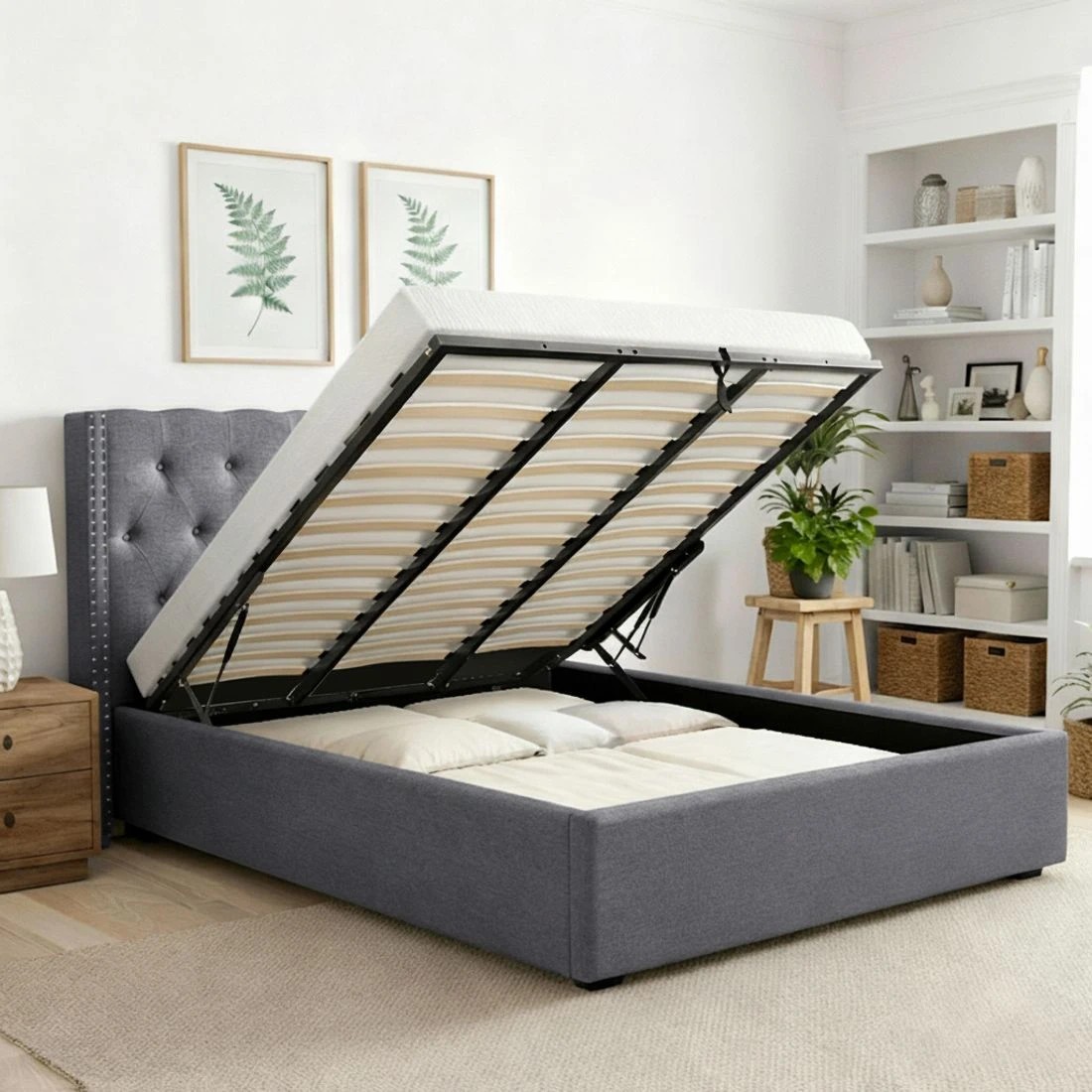 6 Artiss Queen Bed Frame Storage Tufted Headboard Gas Lift Base - Grey - Grey, 6 of 10