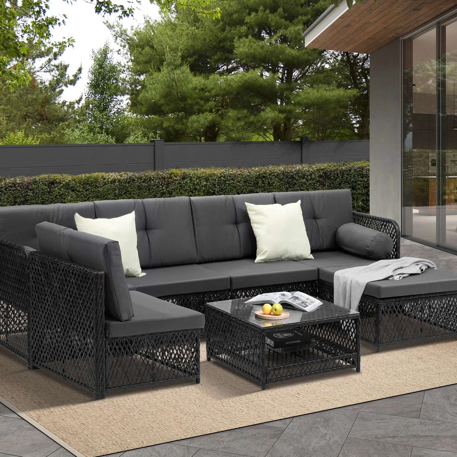 3 Livsip Outdoor Sofa Set 6 Seater Wicker Lounge Setting - Black, 3 of 8