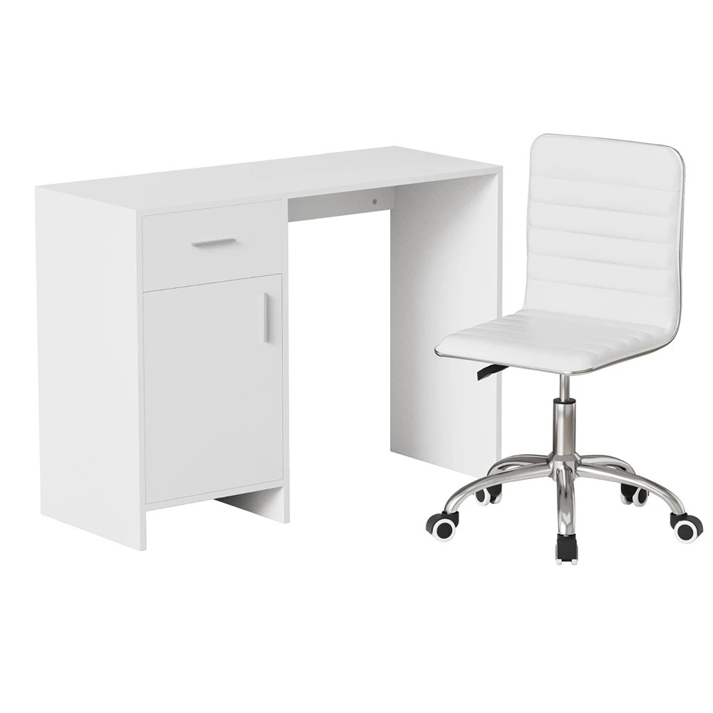 1 Artiss Computer Desk Office Chair Set PU Leather Home Study Table 100cm - White, 1 of 6