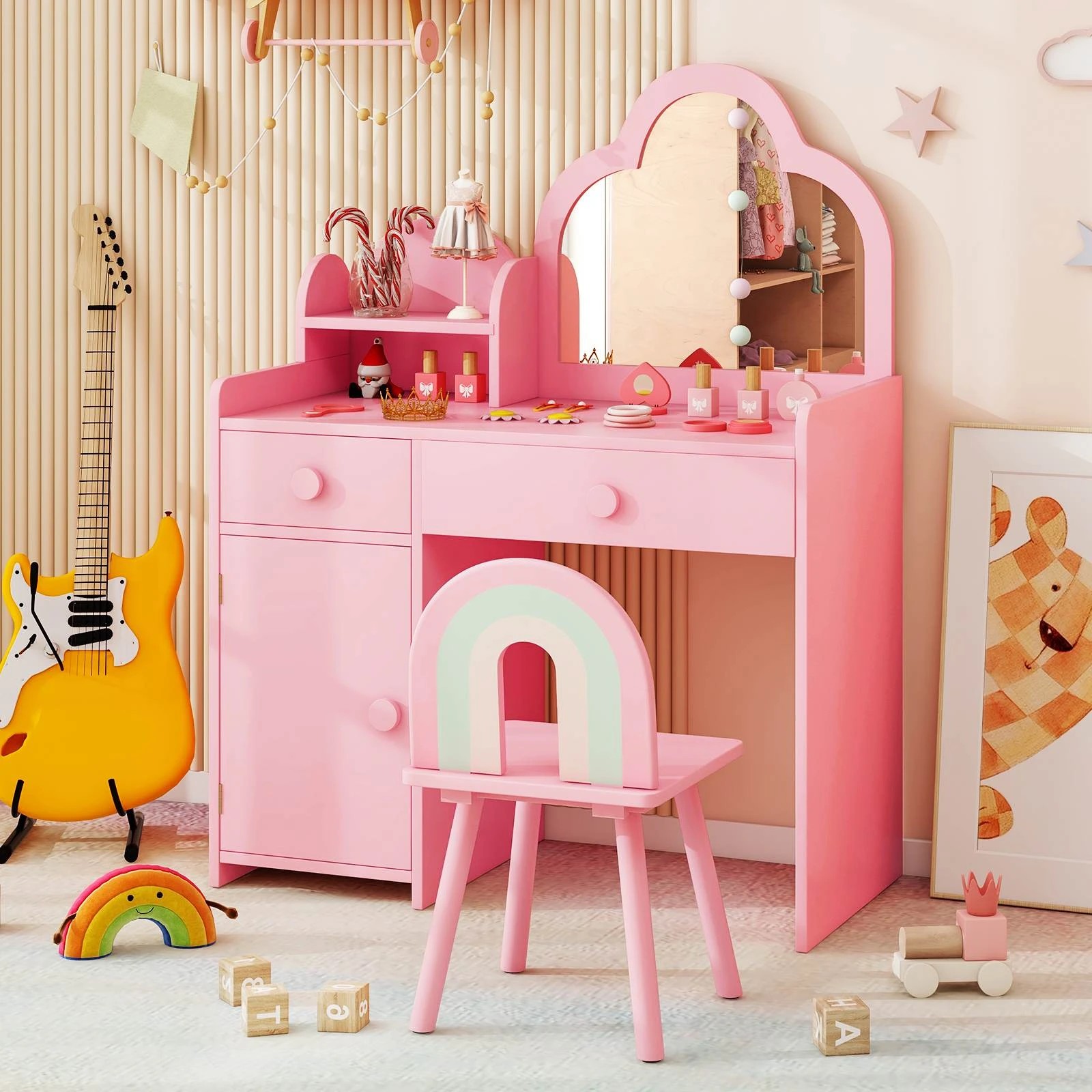 2 Costway 2-in-1 Mirror Vanity Set w/Detachable Top Princess Makeup Table Stool - Pink, 2 of 3