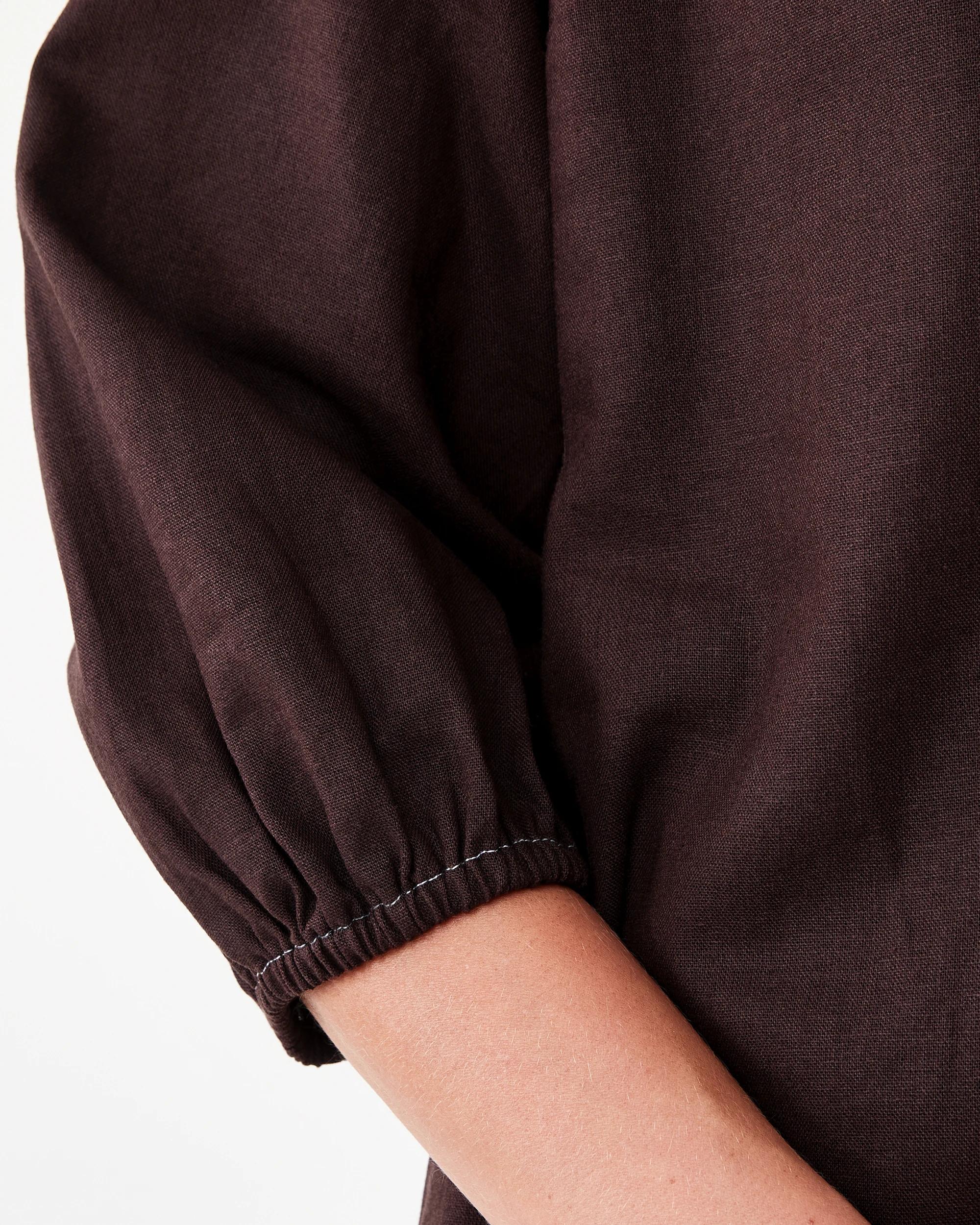 6 Long Sleeve Linen Blend V-Neck Mini Dress Choc Plum, 6 of 9