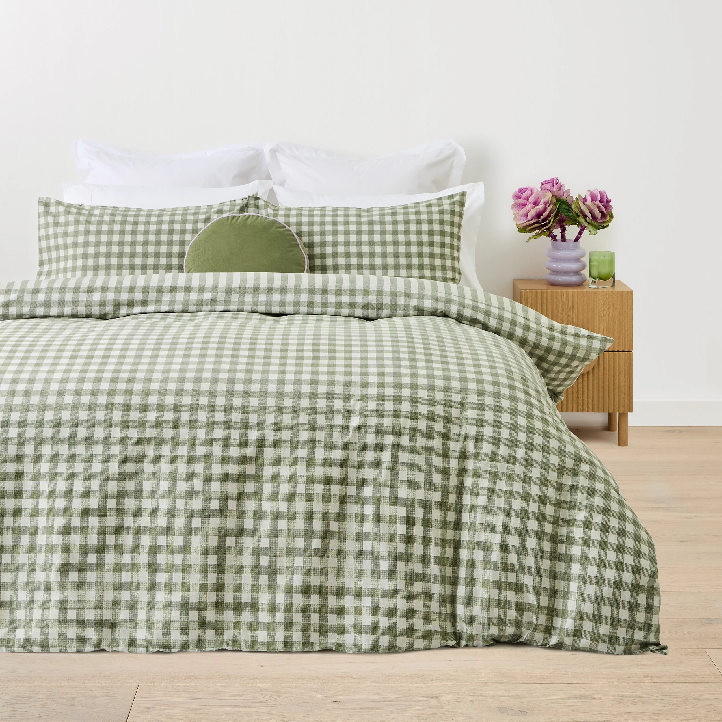 1 Gingham Cotton Rich Reversible Quilt Cover Set - King Bed, Green, 1 of 7