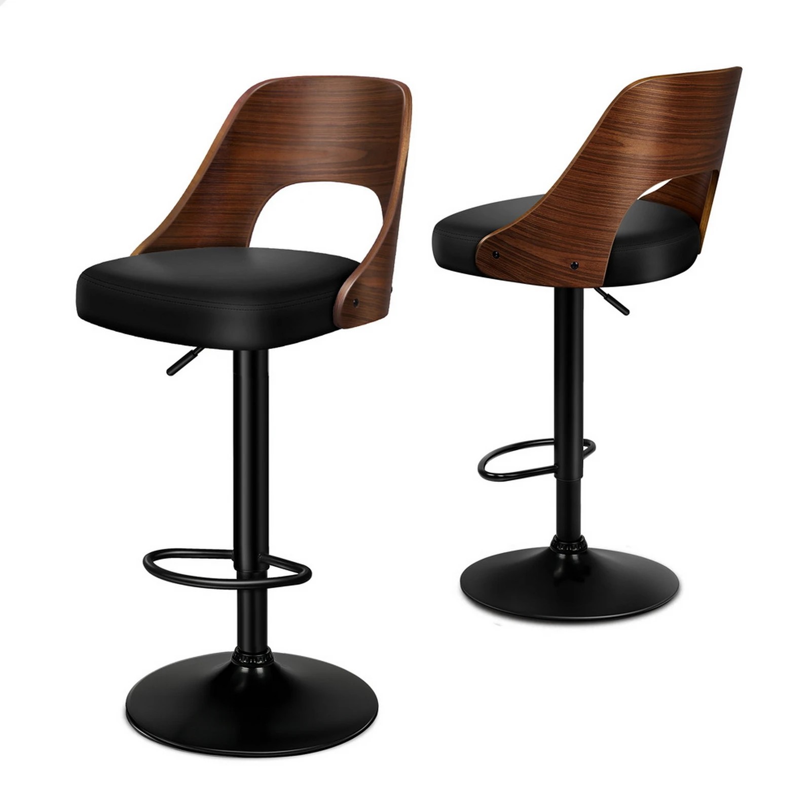 1 Alfordson 2x Bar Stools Kitchen Swivel Chair Wooden Leather Gas Lift - Black, 1 of 10