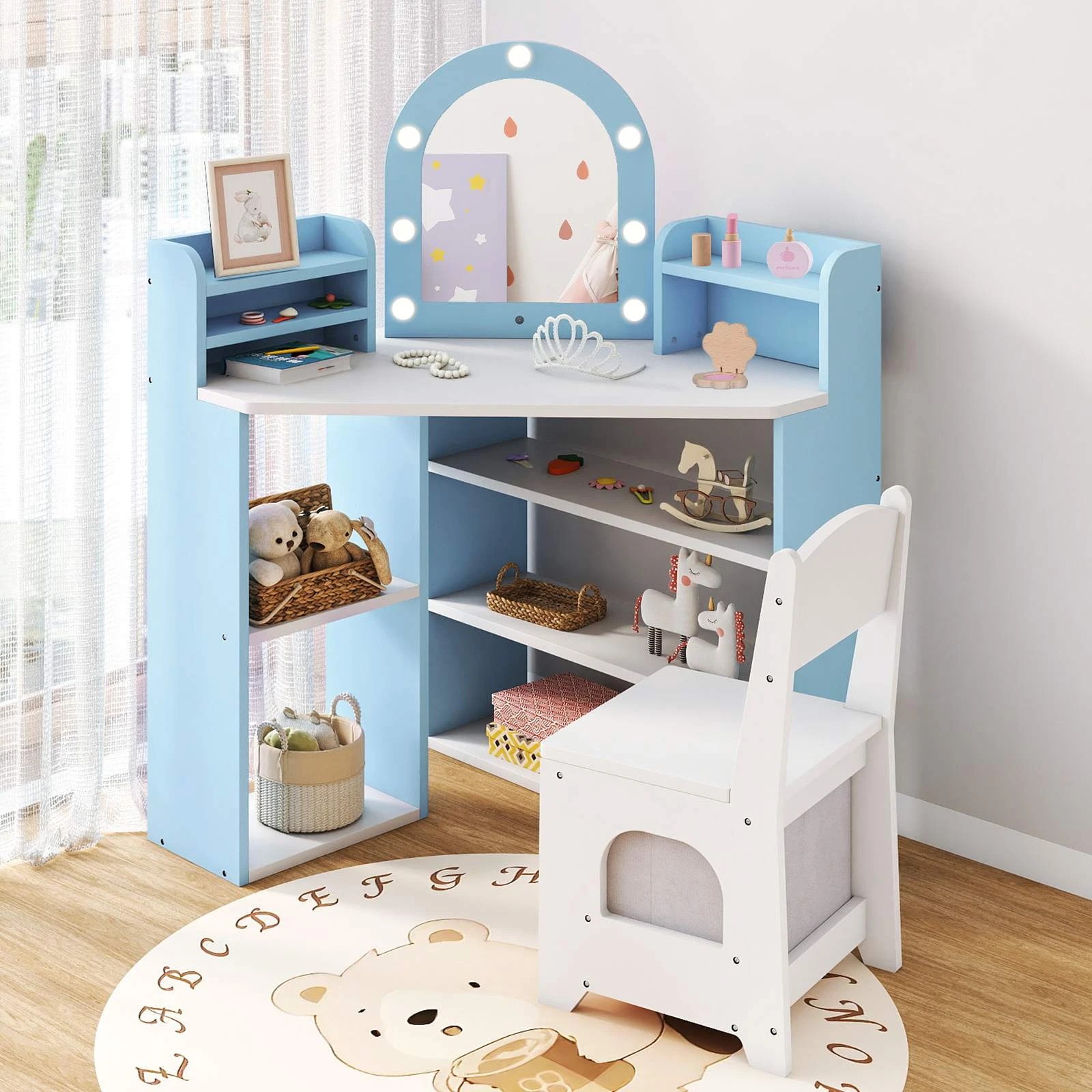 2 Costway Corner Vanity Desk & Chair Set Princess Dressing Table - White, 2 of 5