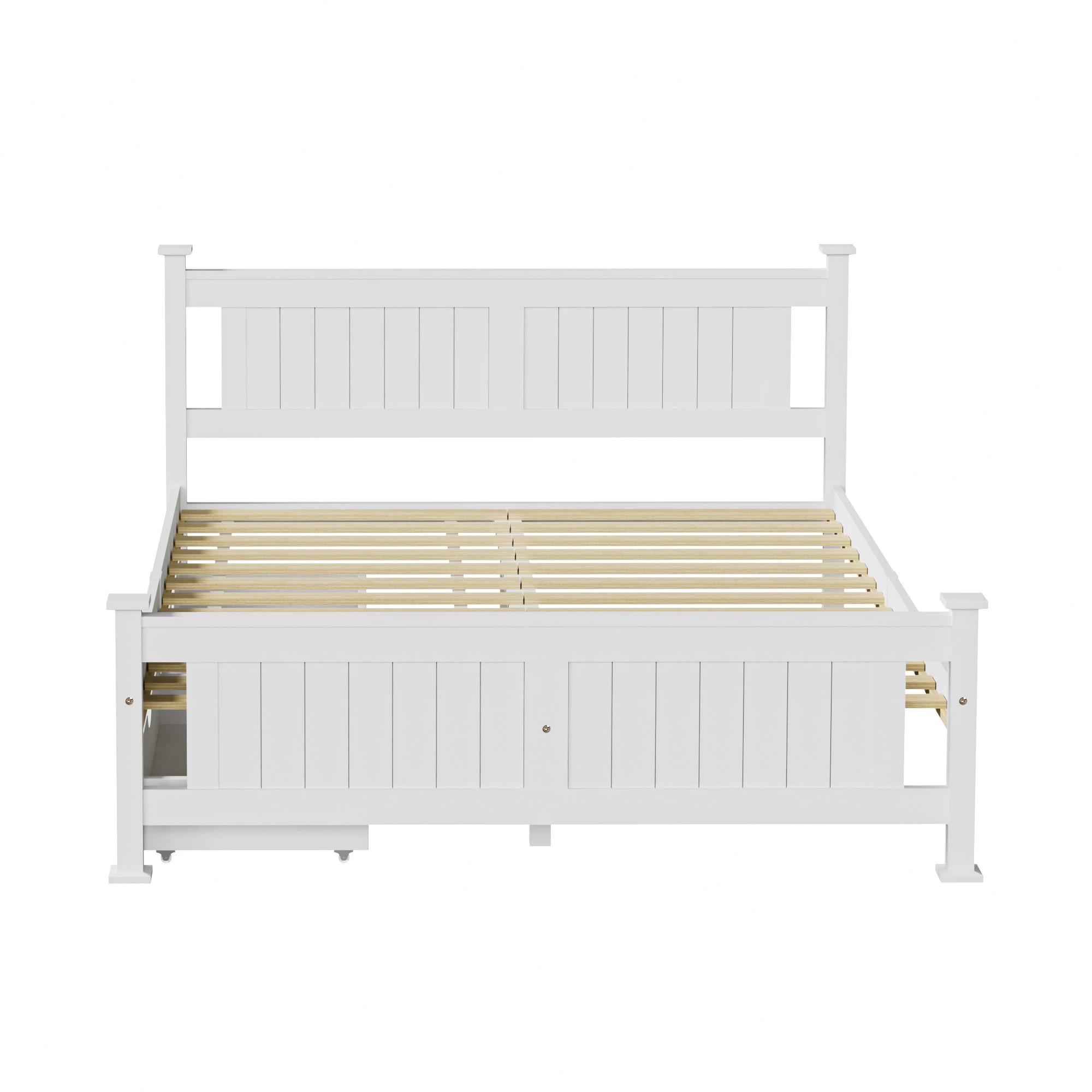 4 Oikiture Solid Pine Wood Bed Frame with 2 Trundle Drawers Queen - White, 4 of 7