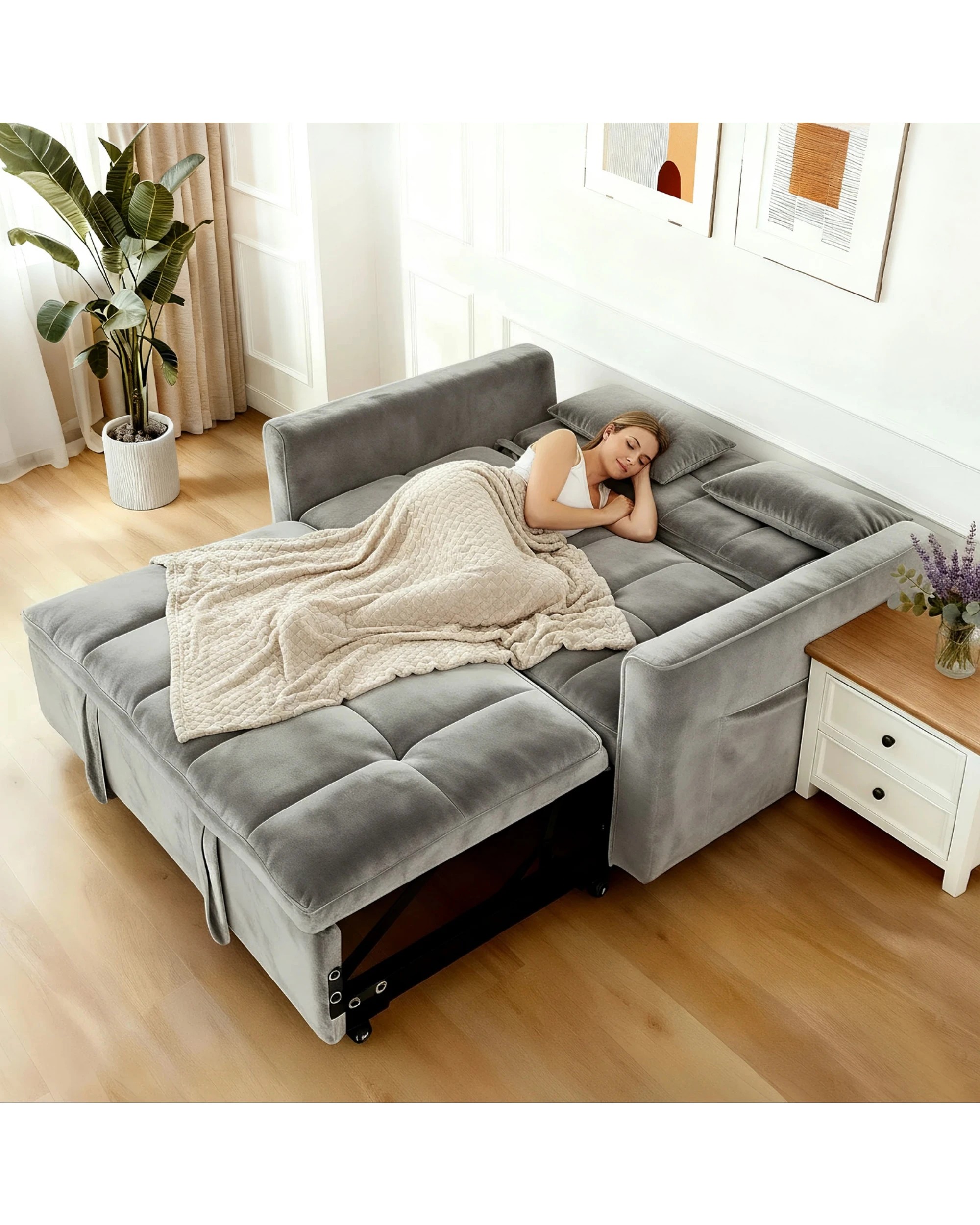 7 Advwin 3 in 1 Convertible Sofa Bed Velvet Sleeper Loveseat with Adjustable Backrest Pull Out Couch with Side Pocket, 7 of 10