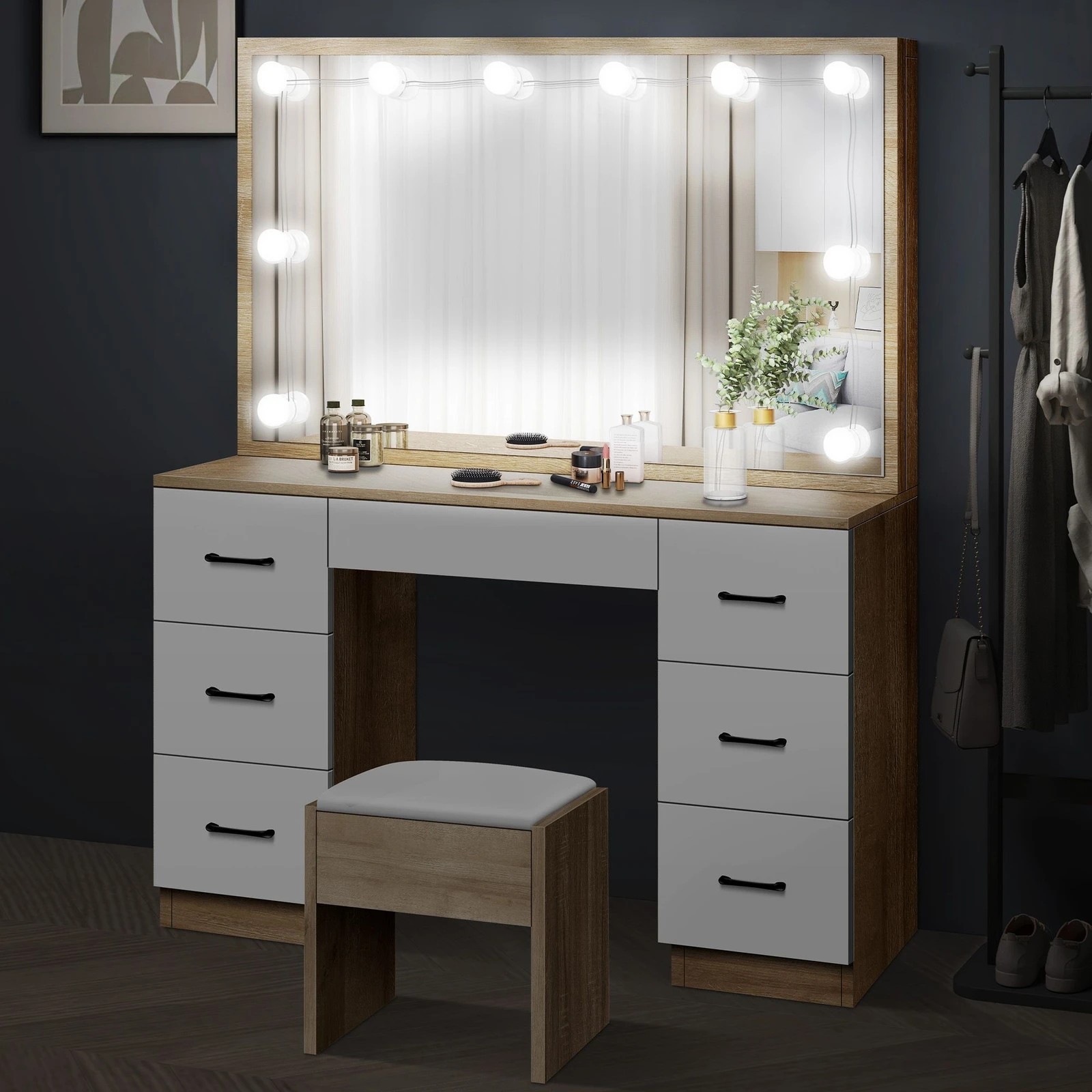 5 Alfordson Dressing Table Stool Set Makeup Mirror Vanity Desk LED Oak, 5 of 10
