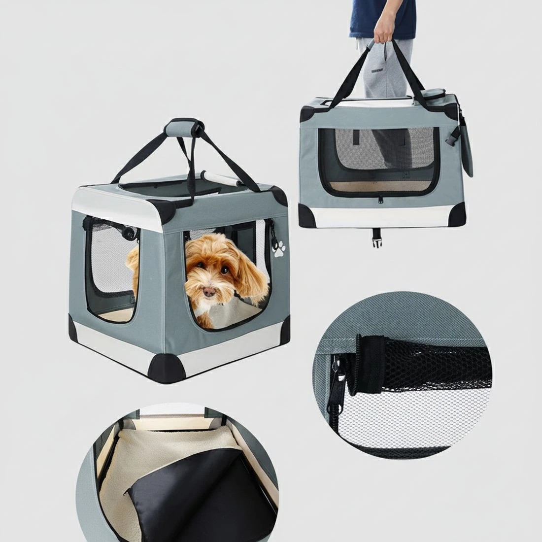 4 i.Pet Pet Carrier Soft Crate Dog Cat Travel 90x61CM Portable Foldable Car - Blue, 4 of 5