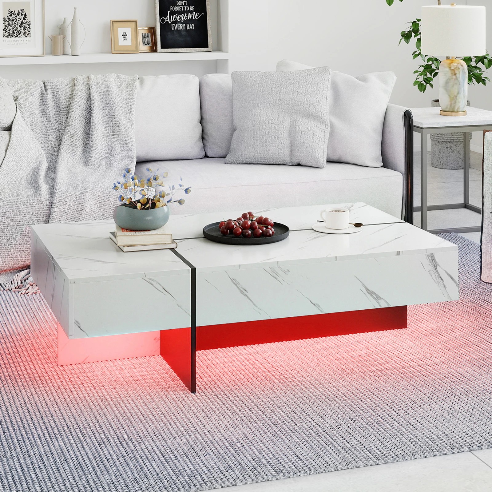 4 Costway Modern Coffee Table w/LED High-Gloss Accent Center Table Faux Marble - White, 4 of 6