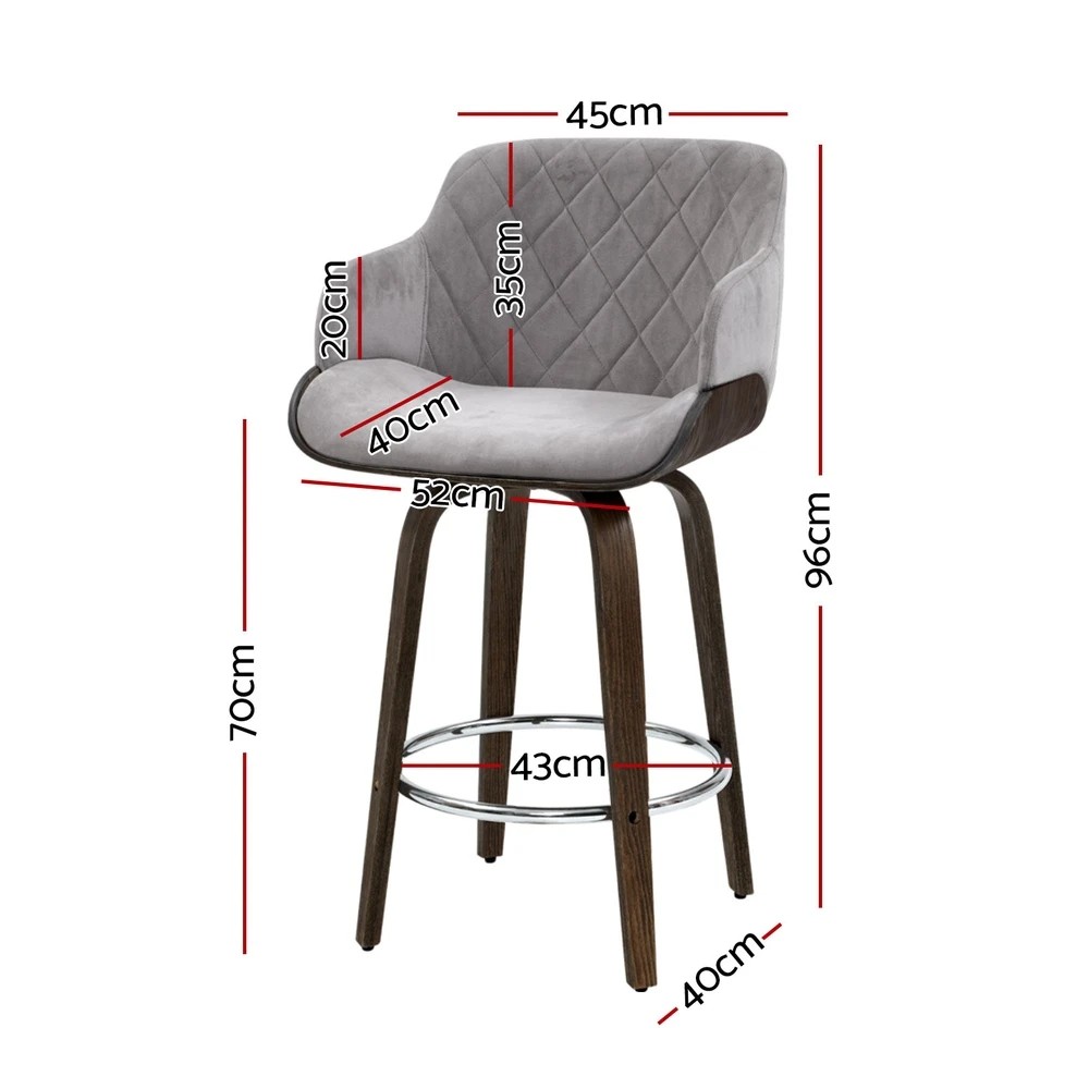 2 Artiss 4x Bar Stools Swivel Velvet Padded Wooden - Grey, 2 of 5