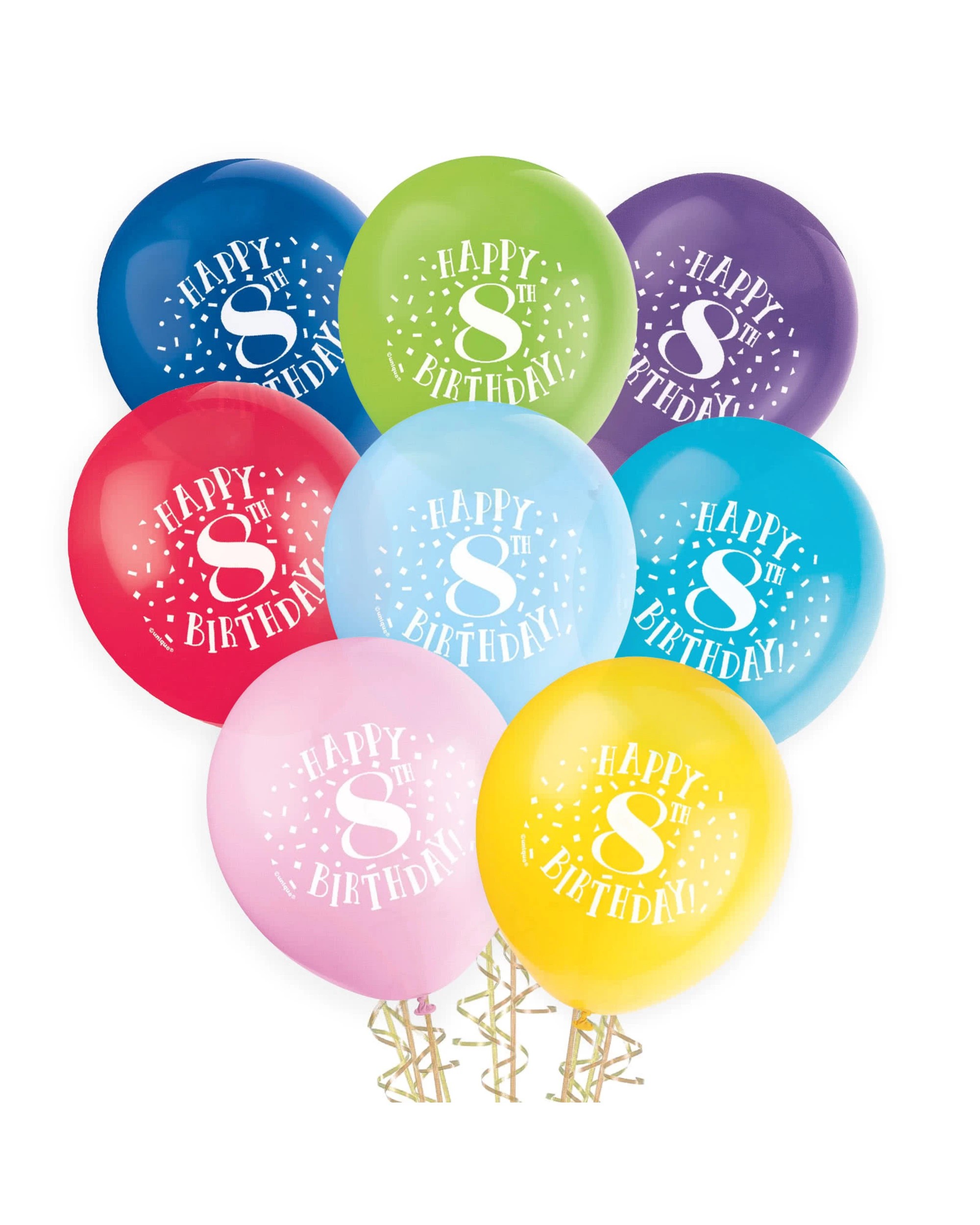 1 Unique 8th Birthday Coloured Balloons 30cm Round Pack of 8 - Multi, 1 of 2