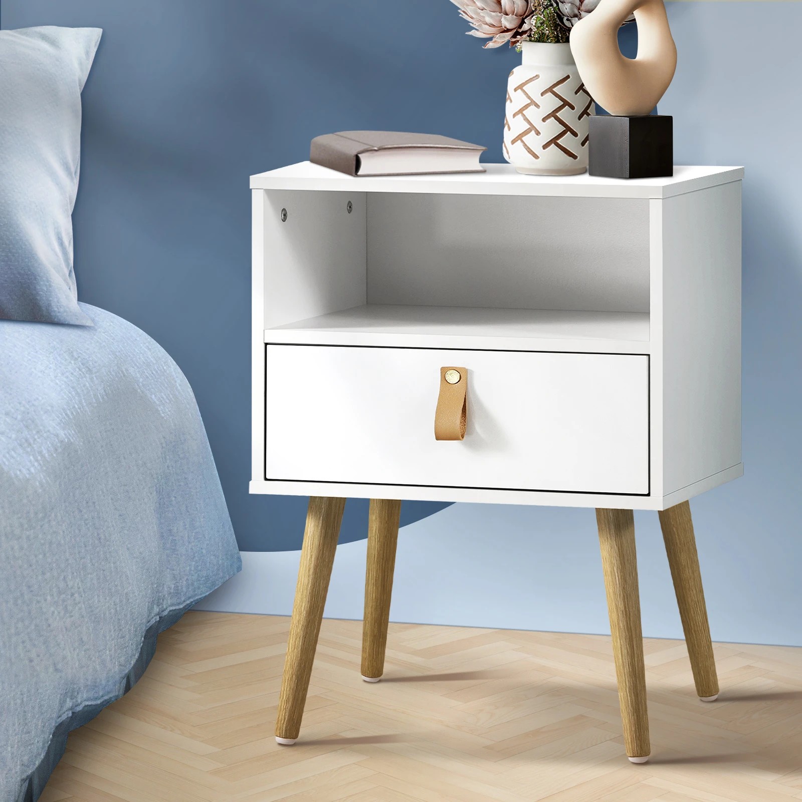 2 Oikiture Bedside Tables Side Table Drawer Cabinet Leather Handle
 - White, 2 of 10