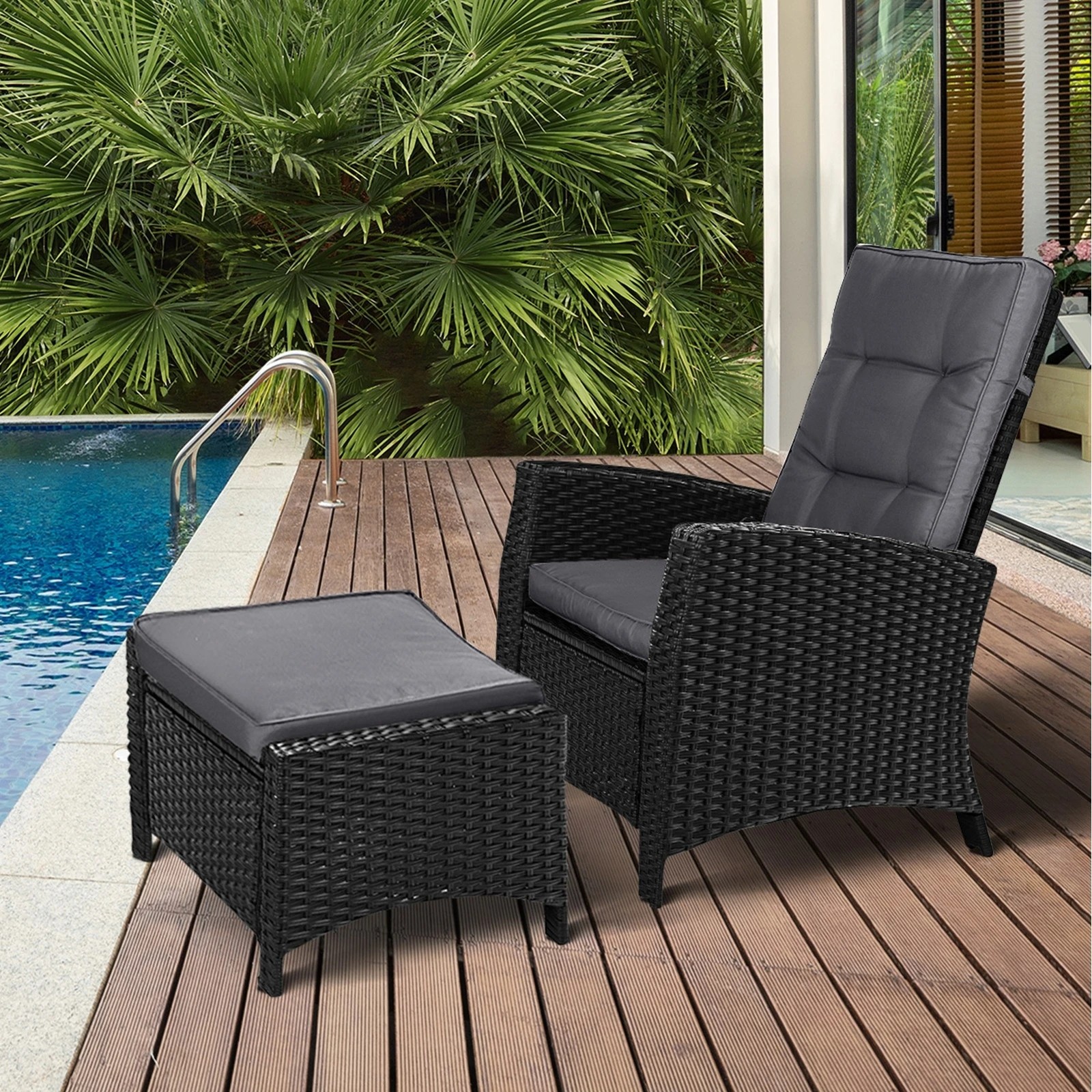 3 Livsip Recliner Chairs Sun Lounge Outdoor Patio Furniture Wicker Lounger 2x
 - Black, 3 of 9