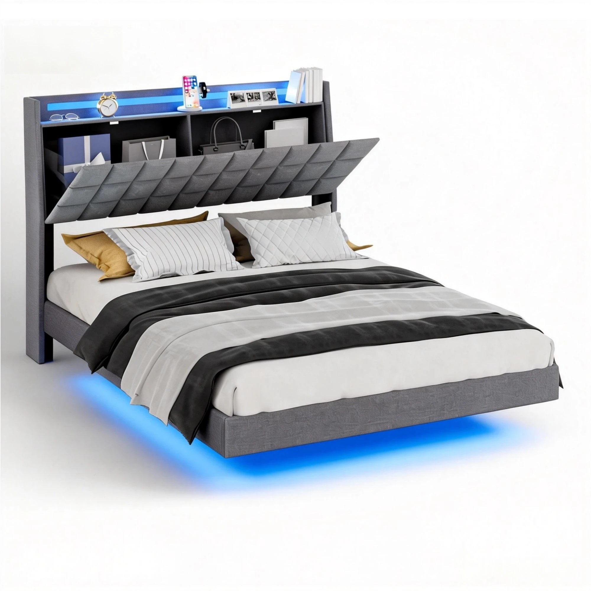 1 Advwin Double Floating Bed Frame with LED Lights and Storage Headboard - Grey, 1 of 5