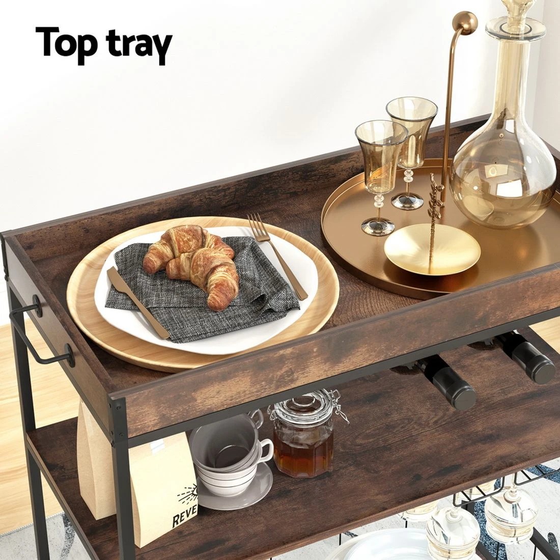 6 Artiss Kitchen Island Rolling Serving Cart - Brown, 6 of 8