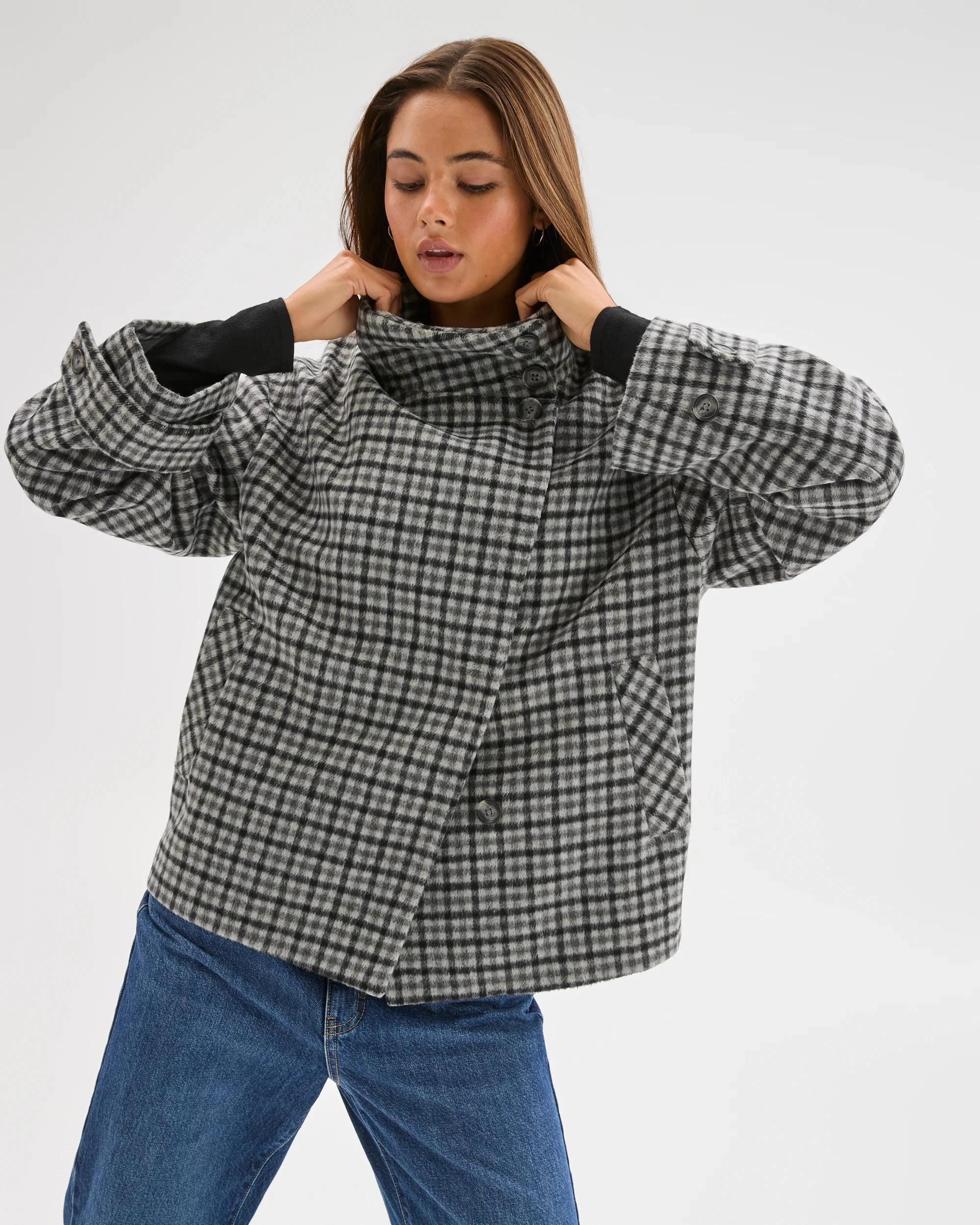 4 Lily Loves Funnel Neck Short Coat CHECK, 4 of 8