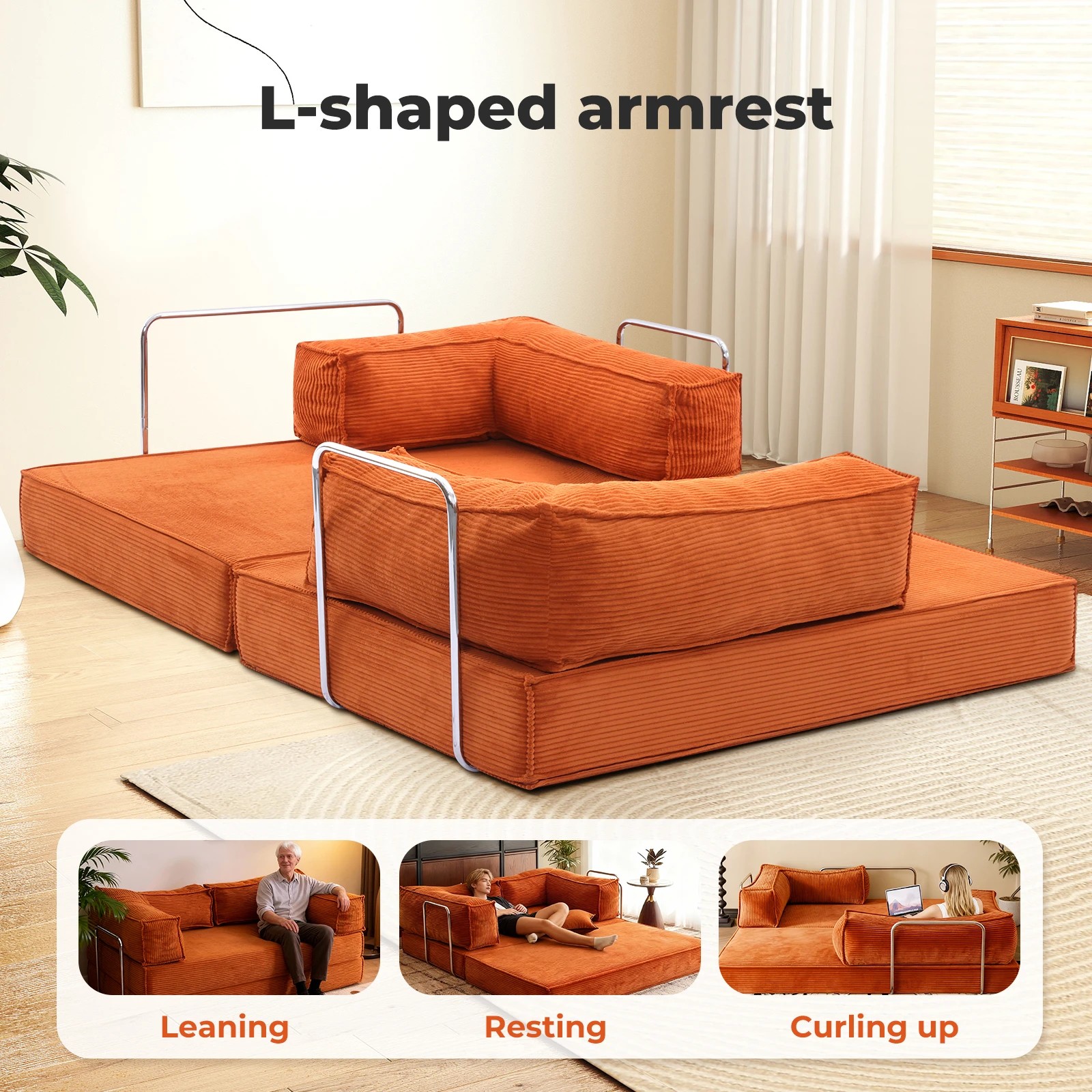 4 Levede 3 Seater150Cm Double Corduroy Sofa Bed In - Orange, 4 of 8