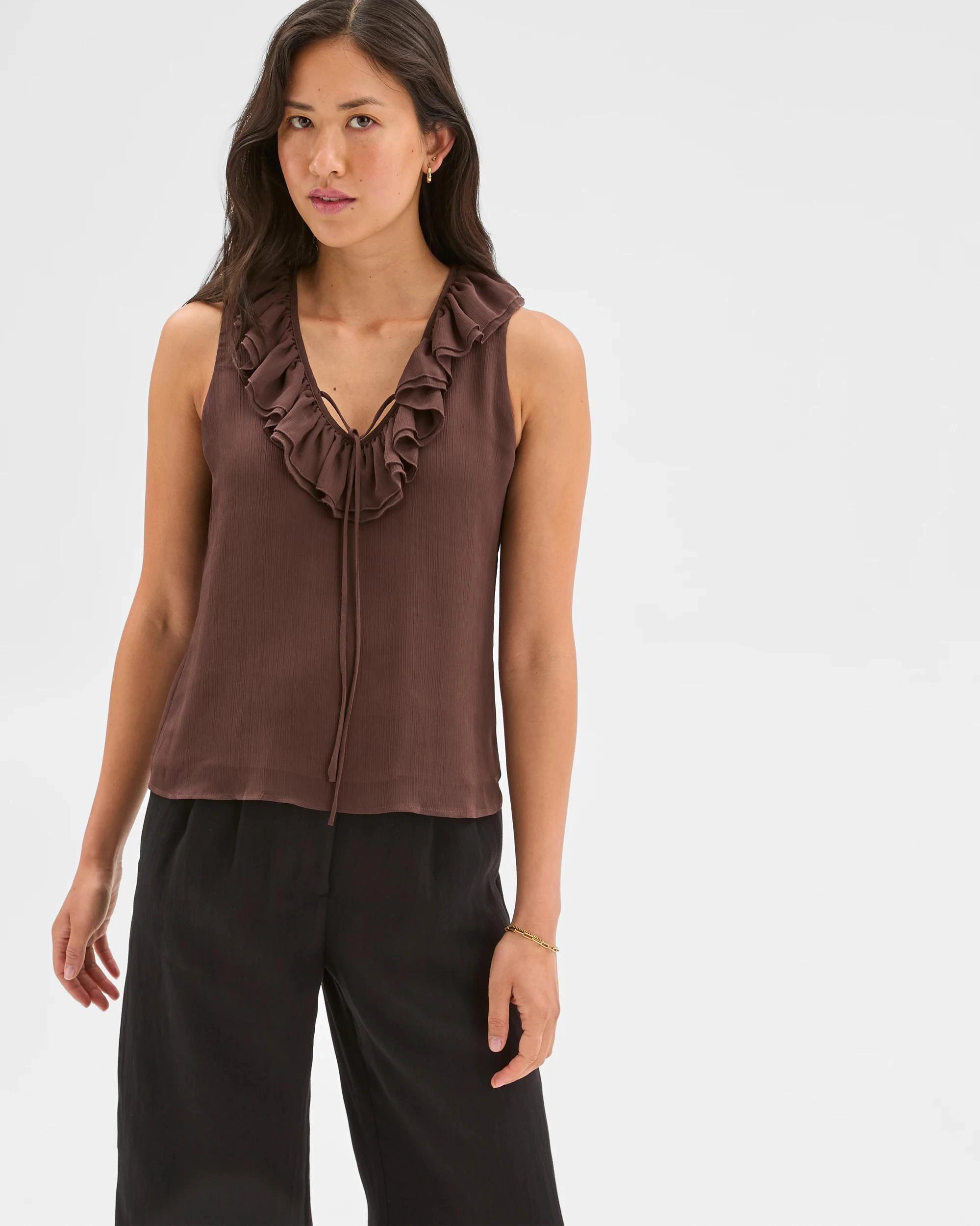 1 Sleeveless Ruffle Blouse - Preview BITTER CHOCOLATE, 1 of 6
