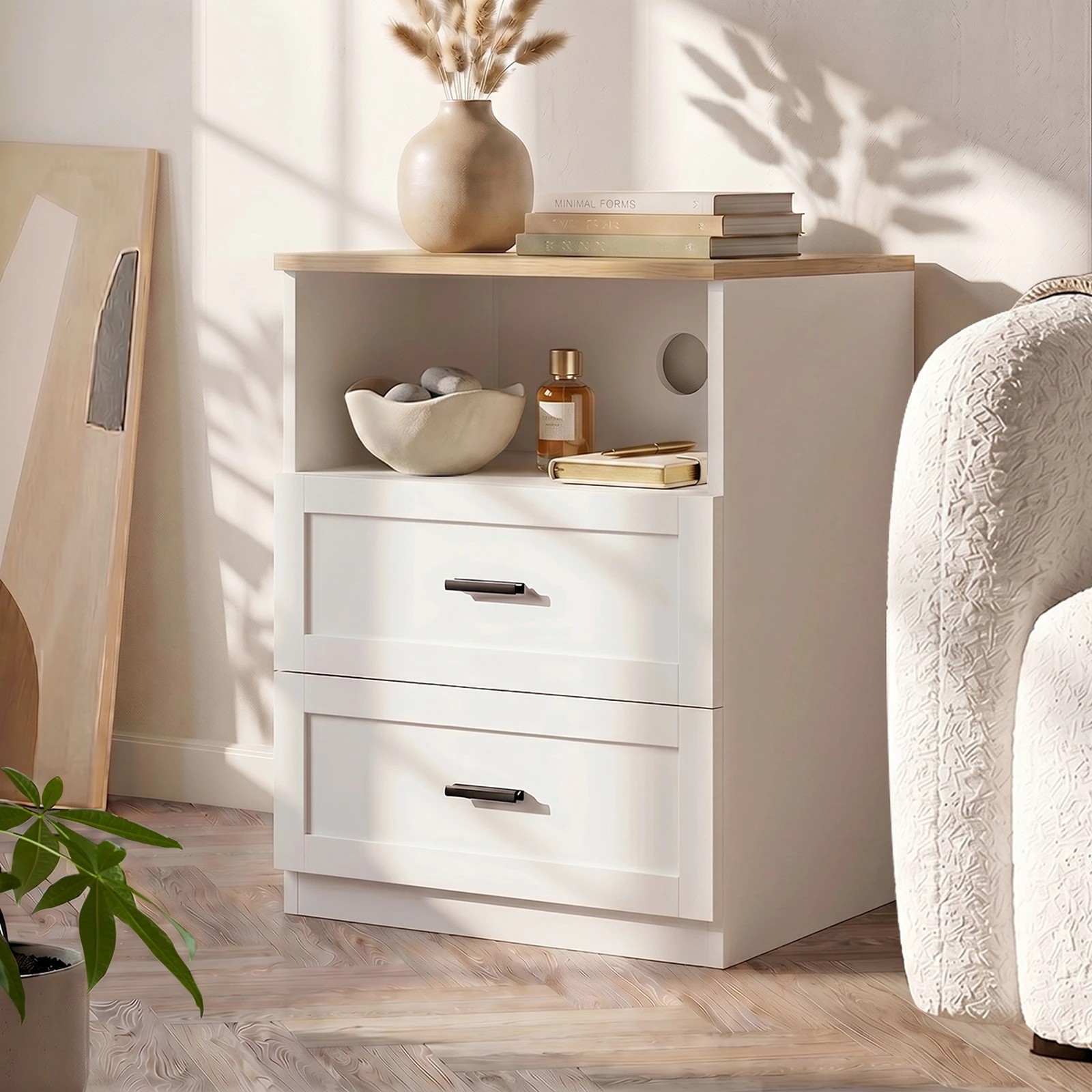 4 Oikiture 2pc Bedside Table 2 Drawers Open Shelf Nightstand Cabinet - White, 4 of 8