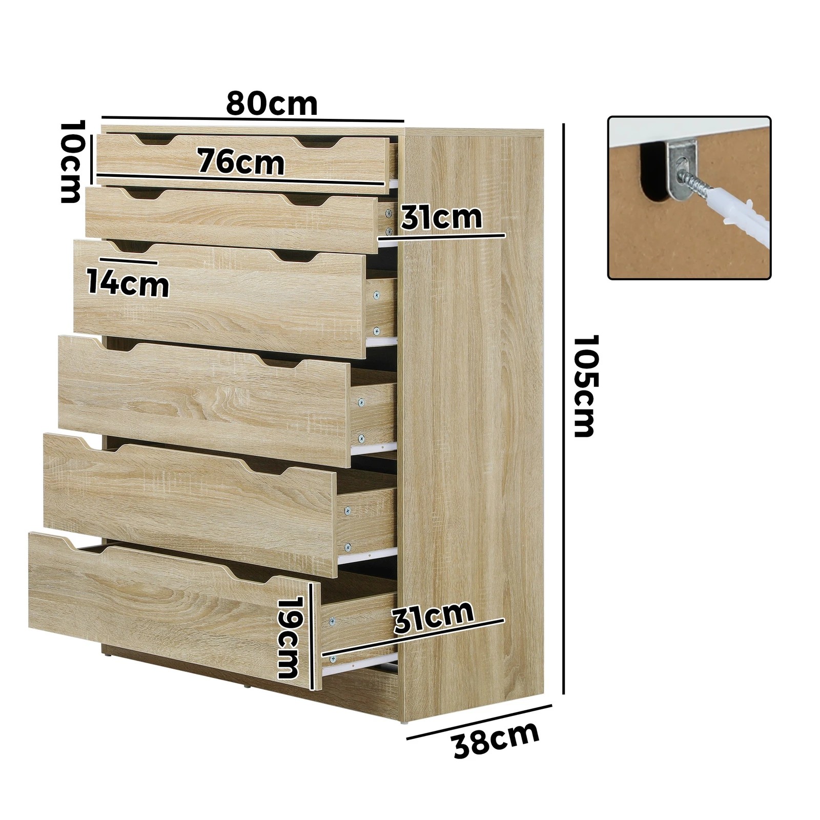 2 Oikiture 6 Chest Of Drawers Tallboy Storage Cabinet Dresser
 - Natural, 2 of 8