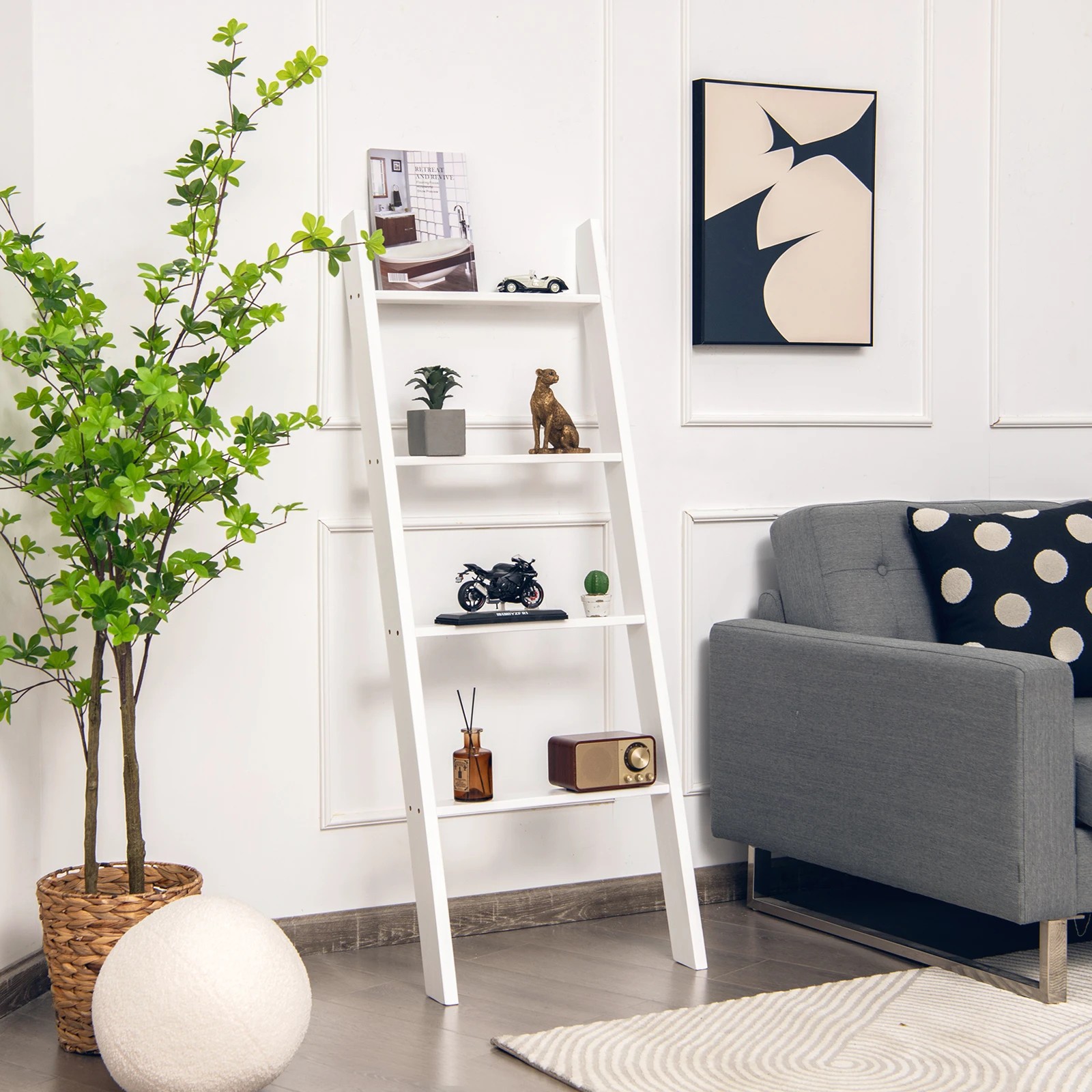 3 Costway 4-Tier Wall Leaning Blanket Ladder Wood Blankets Holder Rack, 3 of 9