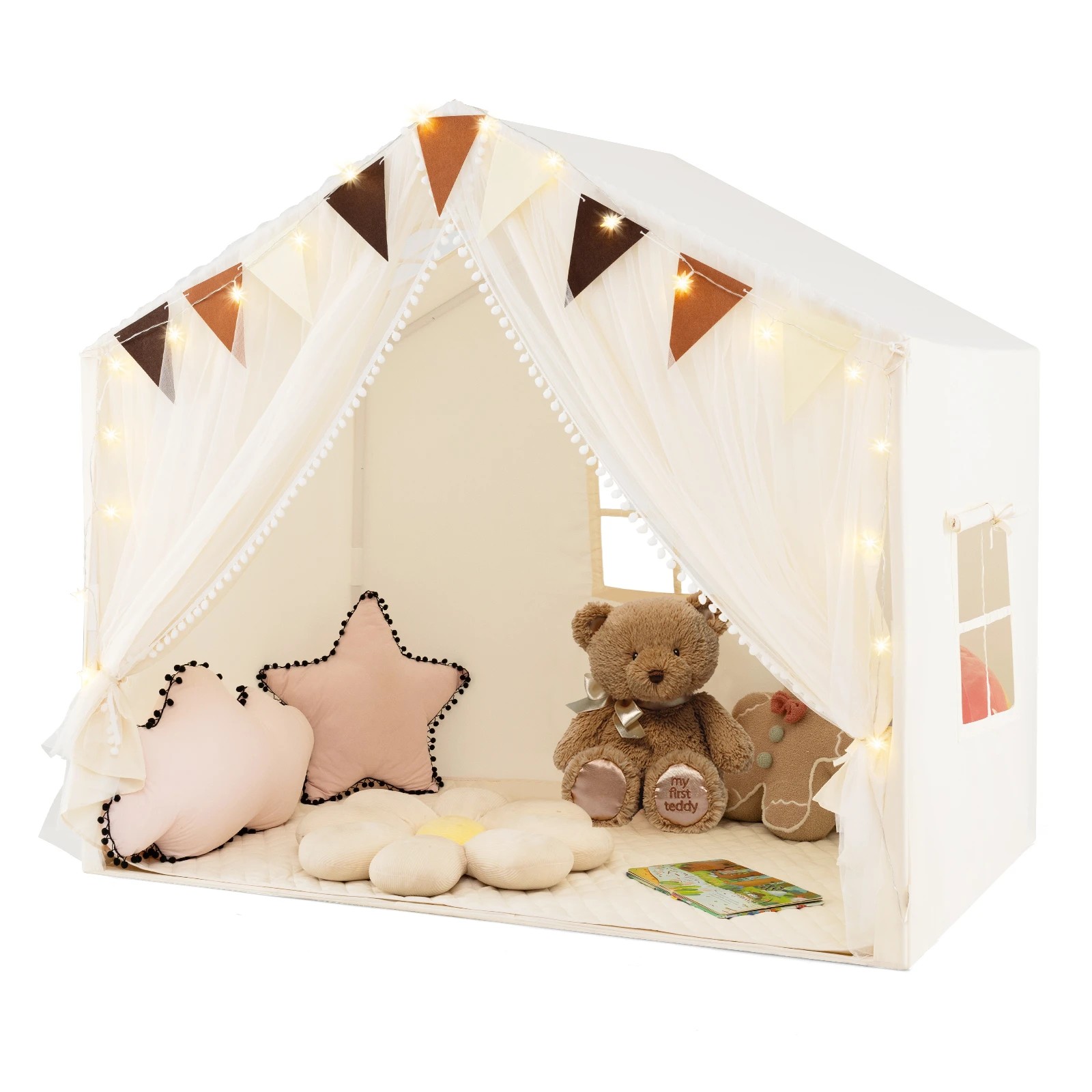 1 Costway Skin-Friendly Large Play Tent House w/Curtains - Beige, 1 of 1