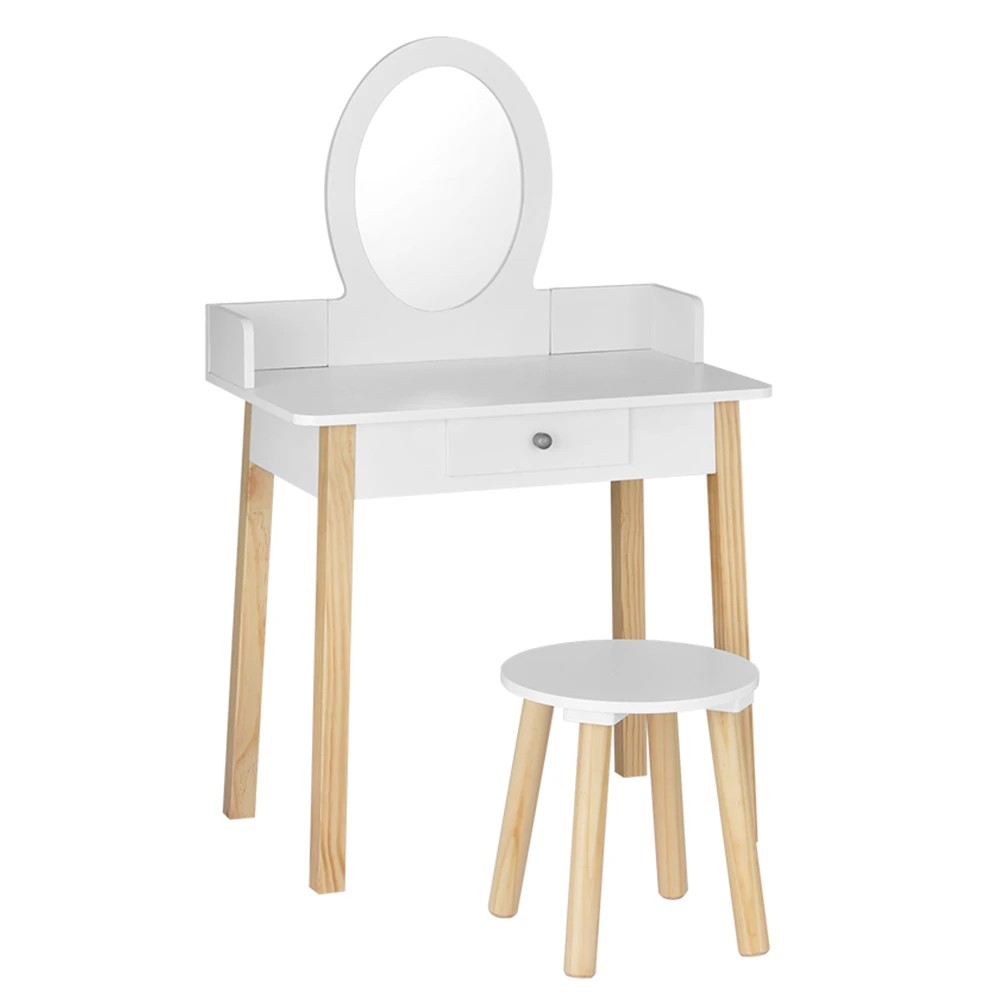 1 Keezi Kids Dressing Table Chair Set Wooden Leg Vanity Makeup Drawer Mirror - White, 1 of 5