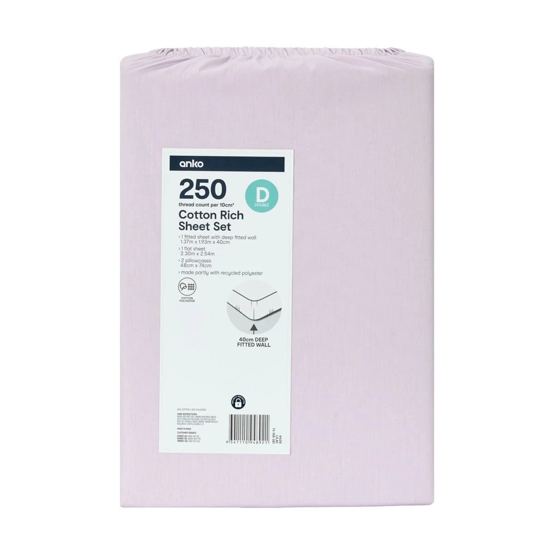 7 250 Thread Count Cotton Rich Sheet Set - Double Bed, Lilac, 7 of 7