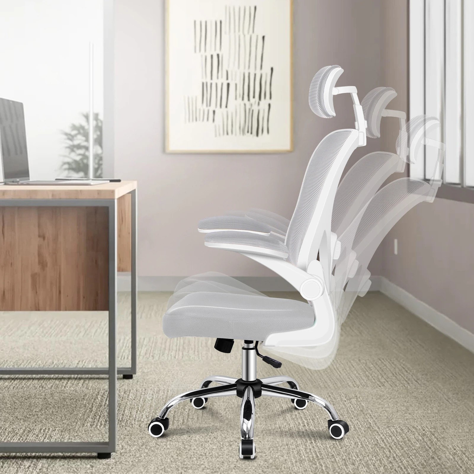 4 Alfordson Mesh Office Chair Executive Computer Gaming Fabric Seat - Grey White, 4 of 10